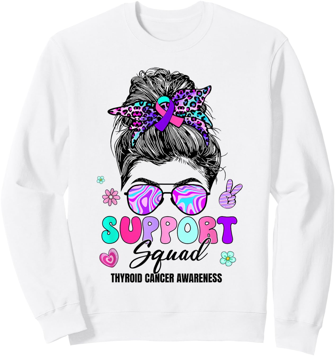 Support Squad Messy Bun Thyroid Cancer Awareness Groovy Sweatshirt - Sweatshirt | White