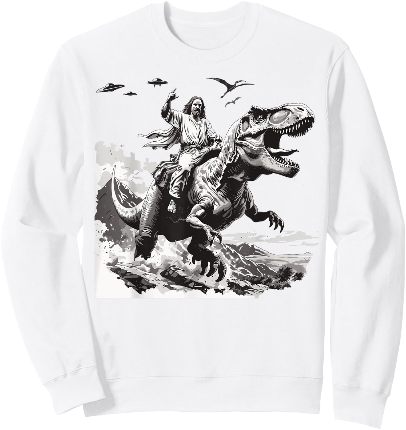 Jesus riding a dinosaur christian Religious motives funny Sweatshirt - Sweatshirt | White