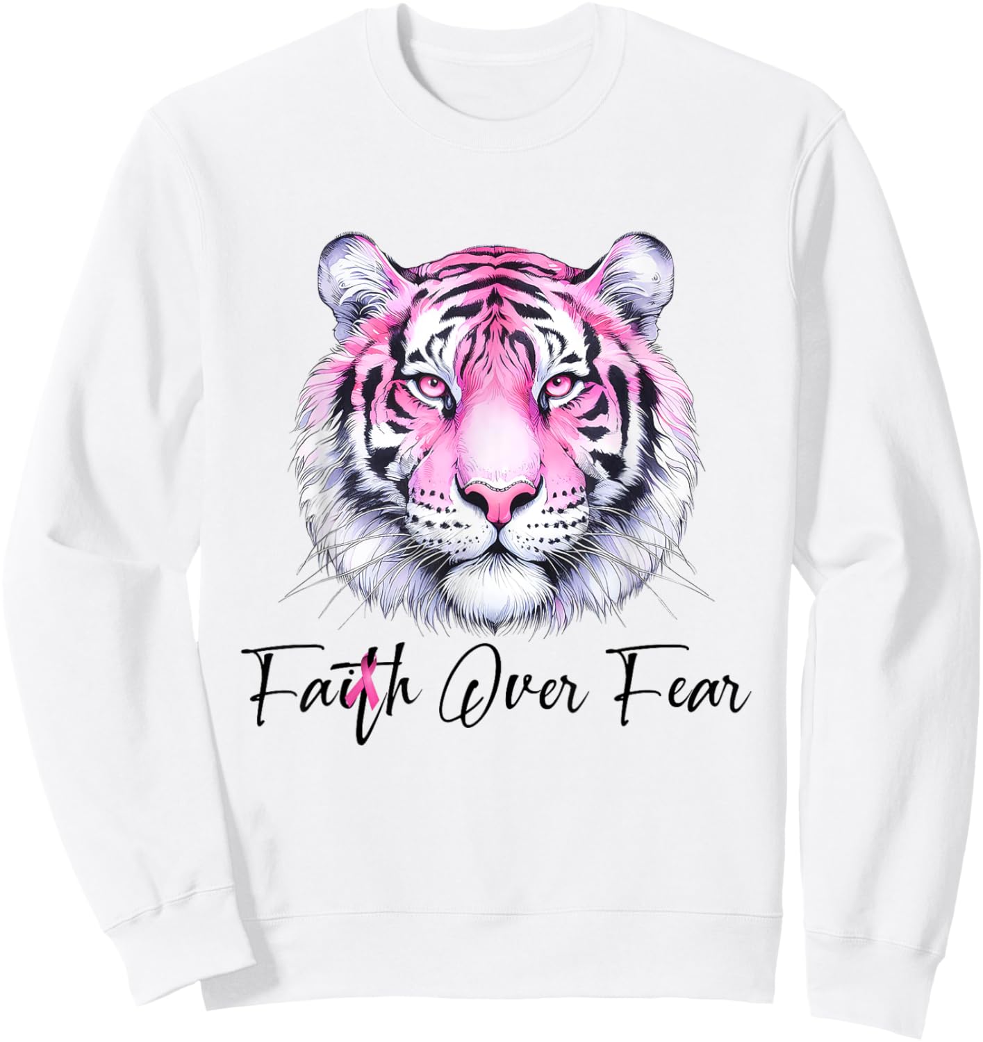 Faith Over Fear Christian Tiger Breast Cancer Awareness Sweatshirt - Sweatshirt | White