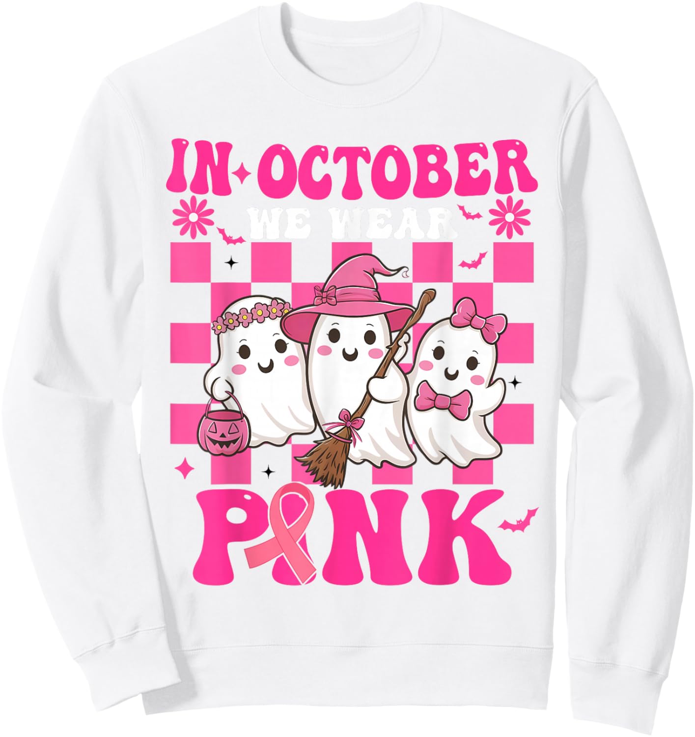 Groovy Wear Pink Breast Cancer Warrior Cute Ghost Halloween Sweatshirt - Sweatshirt | White