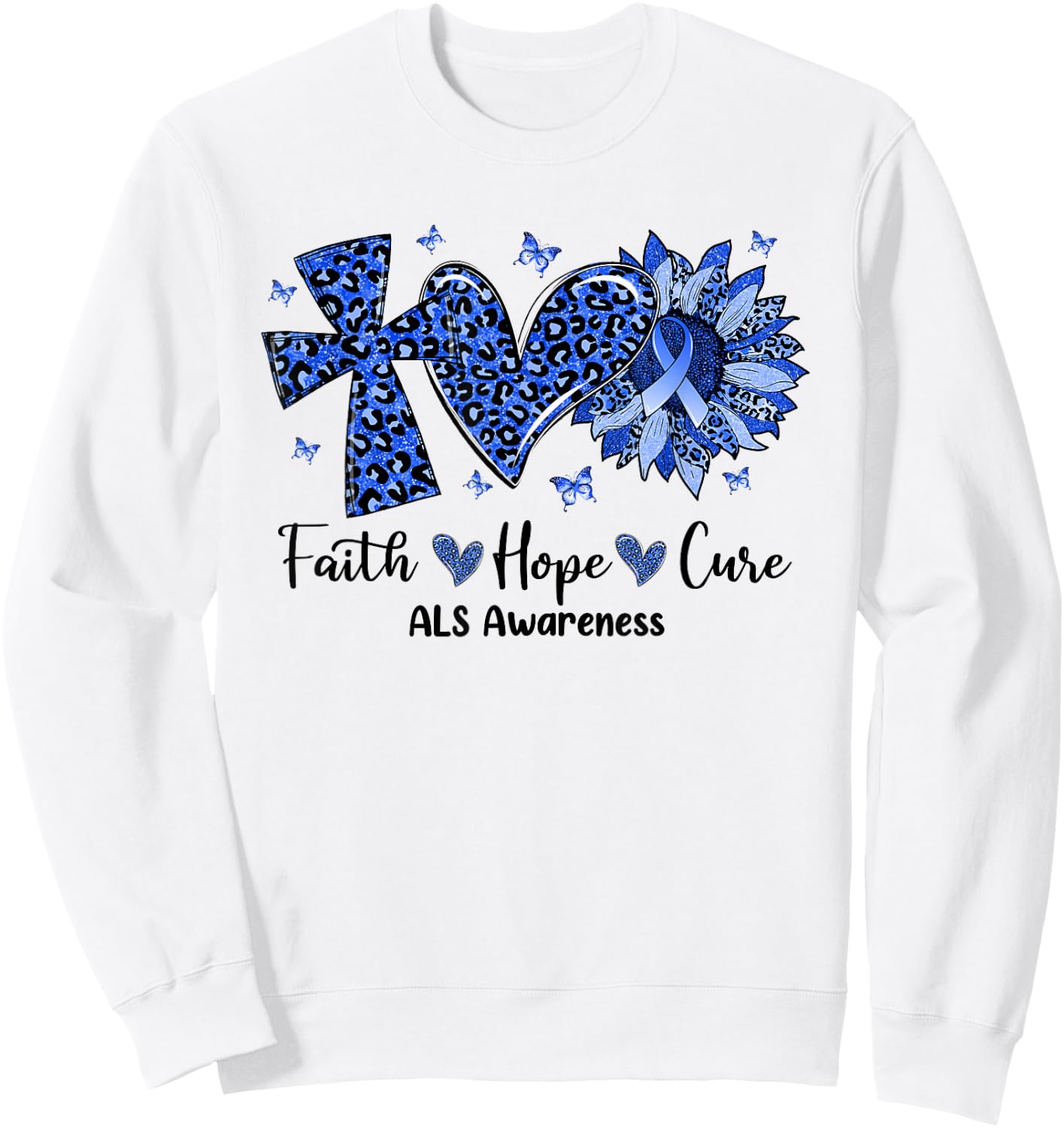 Faith Hope Cure Sunflower Leopard ALS Awareness Sweatshirt - Sweatshirt | White