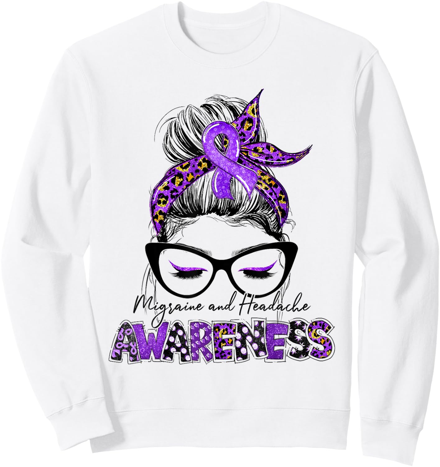Purple Ribbon Messy Bun Migraine Headache Awareness Month Sweatshirt - Sweatshirt | White