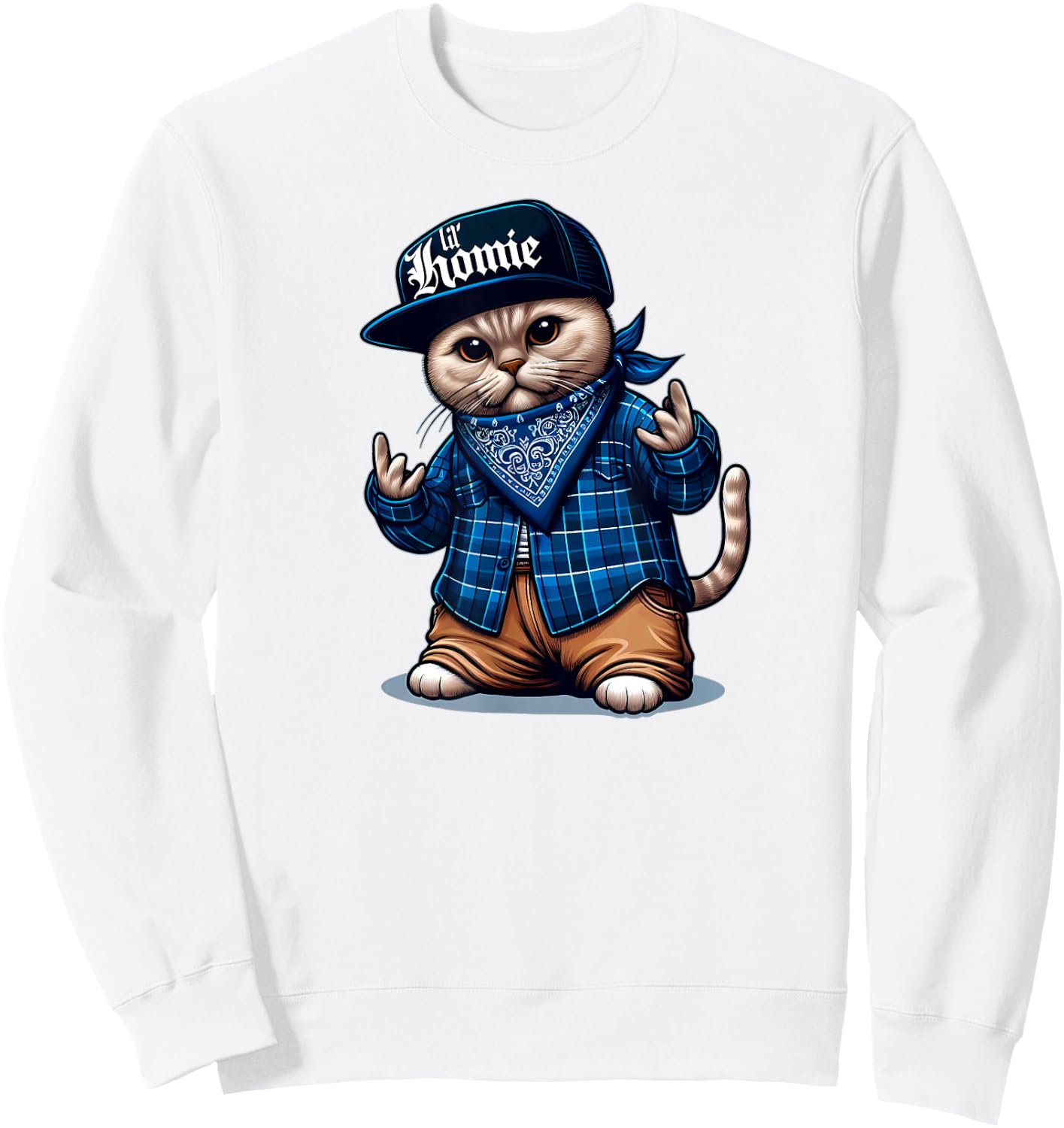 LIL HOMIE Cute Cholo Cat Chicano Art West Coast Hip Hop Sweatshirt - Sweatshirt | White