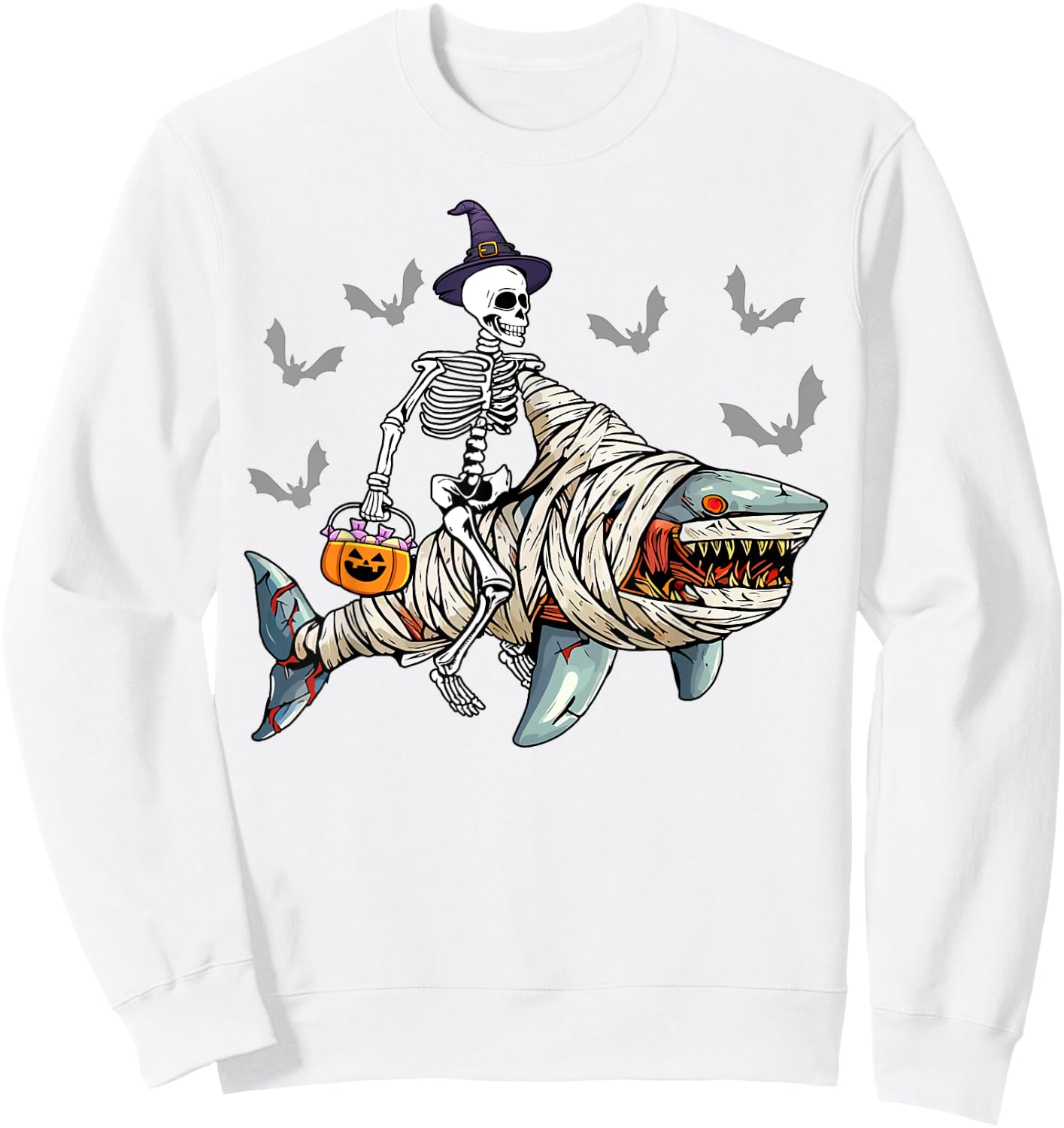 Skeleton Riding Mummy Shark Funny Halloween Pumpkin Witch Sweatshirt - Sweatshirt | White