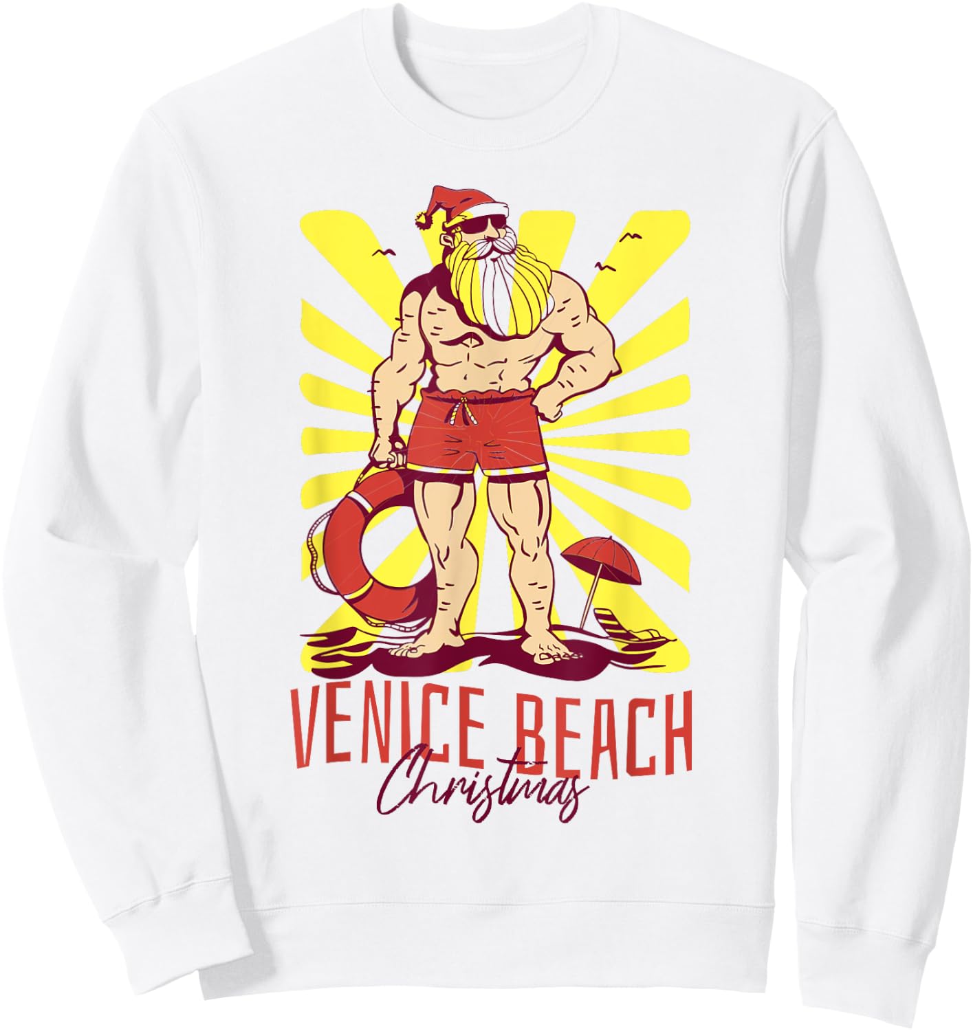 Venice Beach Christmas Buff Santa Lifeguard Sweatshirt - Sweatshirt | White