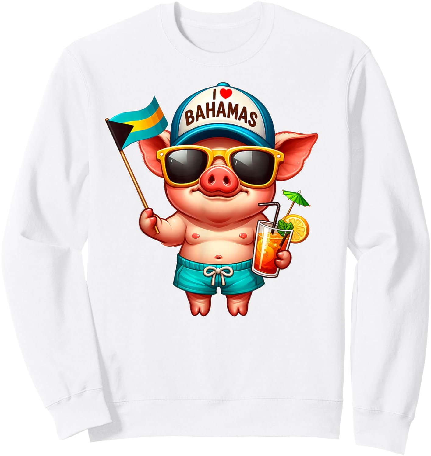 I LOVE BAHAMAS Swimming Pig Souvenir Bahamas flag Nassau Sweatshirt - Sweatshirt | White