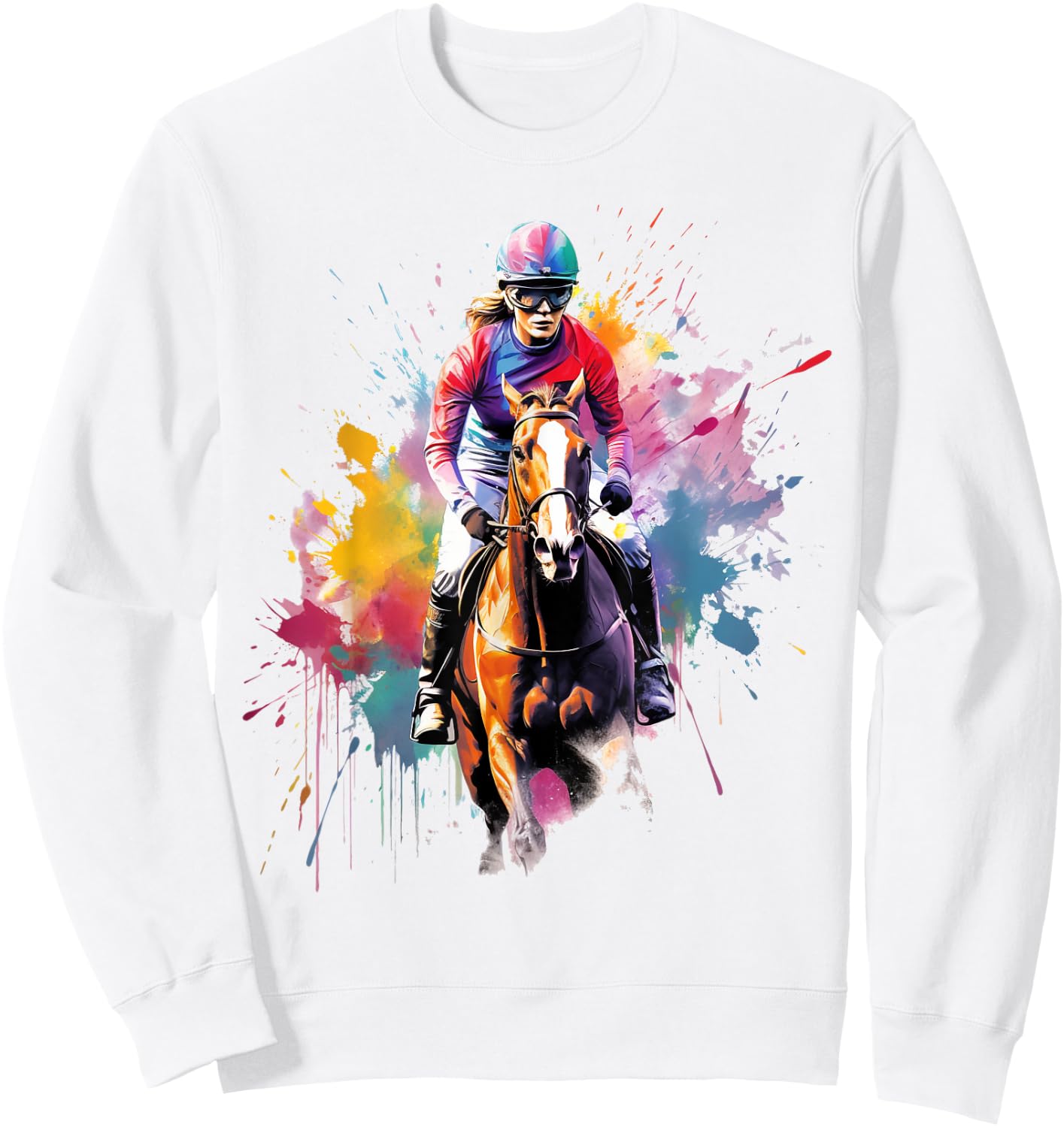 Colorful Jockey Girl on Horse Racing Sweatshirt - Sweatshirt | White