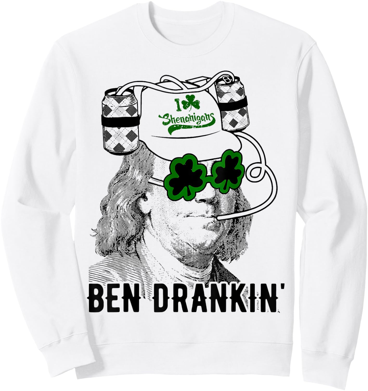 St Patrick Day Ben Drankin' I Love Shenanigans Design Sweatshirt - Sweatshirt | White