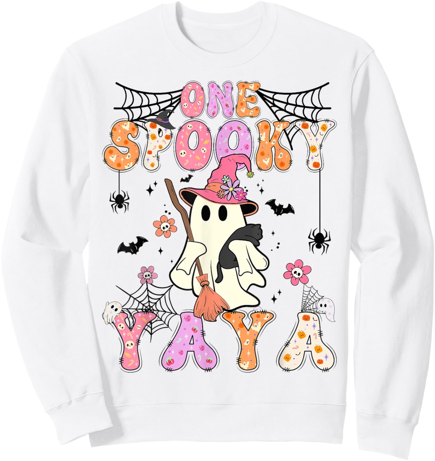 Groovy One Spooky Yaya Retro Halloween Cute Ghost Sweatshirt - Sweatshirt | White