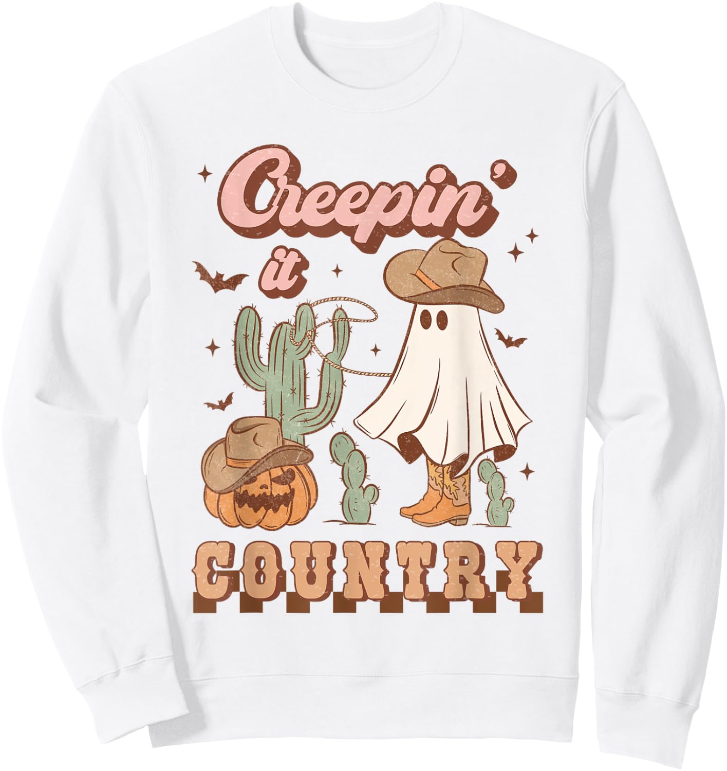 Retro Halloween Cowgirl Ghost Western Creepin' It Country Sweatshirt - Sweatshirt | White