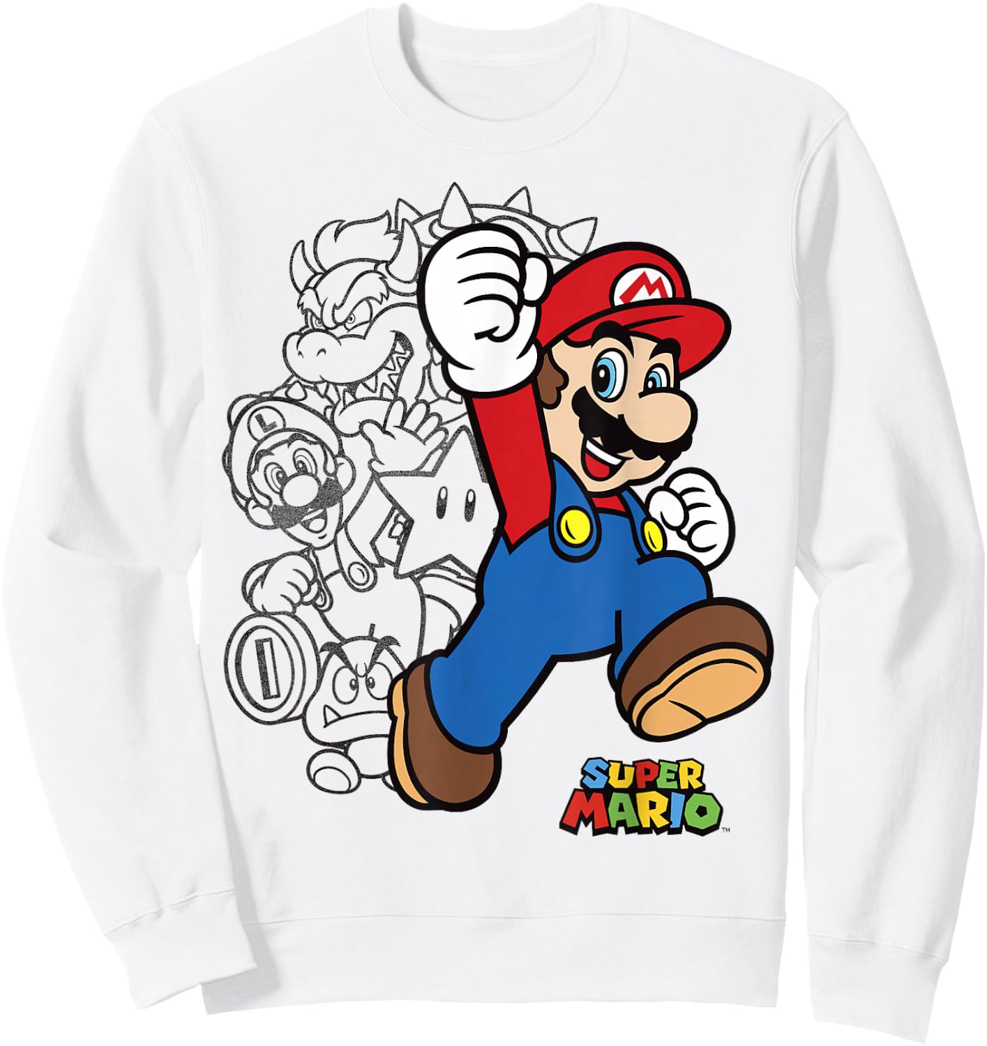 Super Mario Group Shot Bowser Outline Sweatshirt - Sweatshirt | White