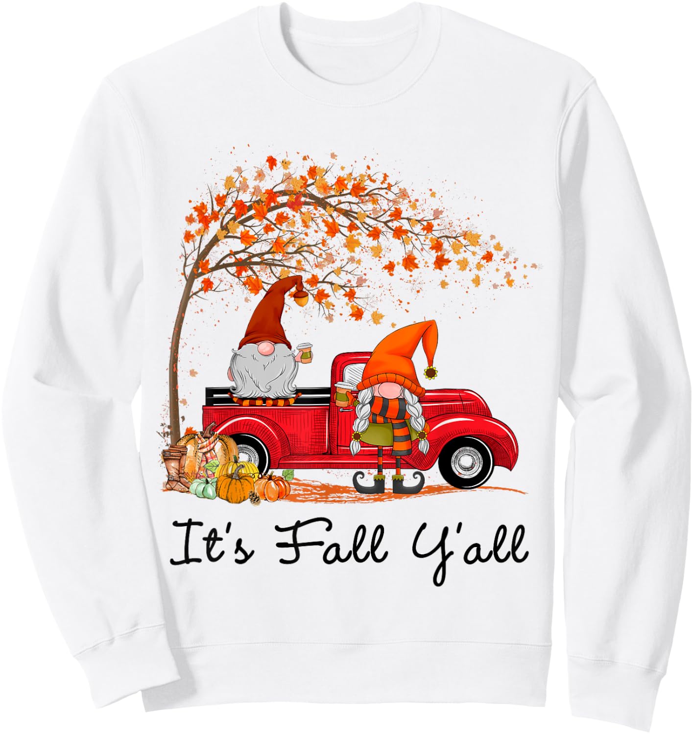 It's Fall Y'all Cute Gnomes Pumpkin Autumn Tree Fall Leaves Sweatshirt - Sweatshirt | White