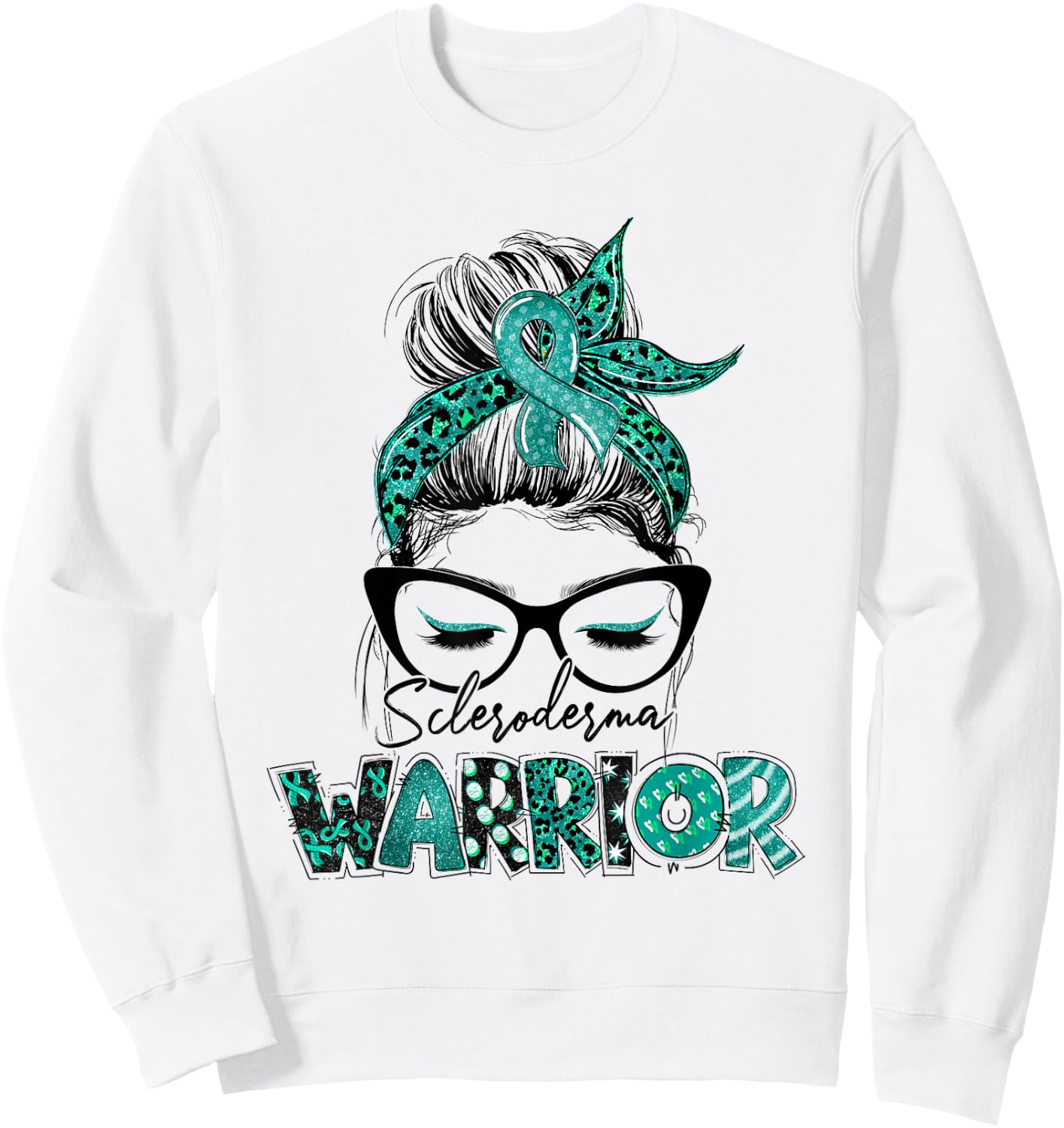 Teal Ribbon Messy Bun Hair Scleroderma Warrior Sweatshirt - Sweatshirt | White