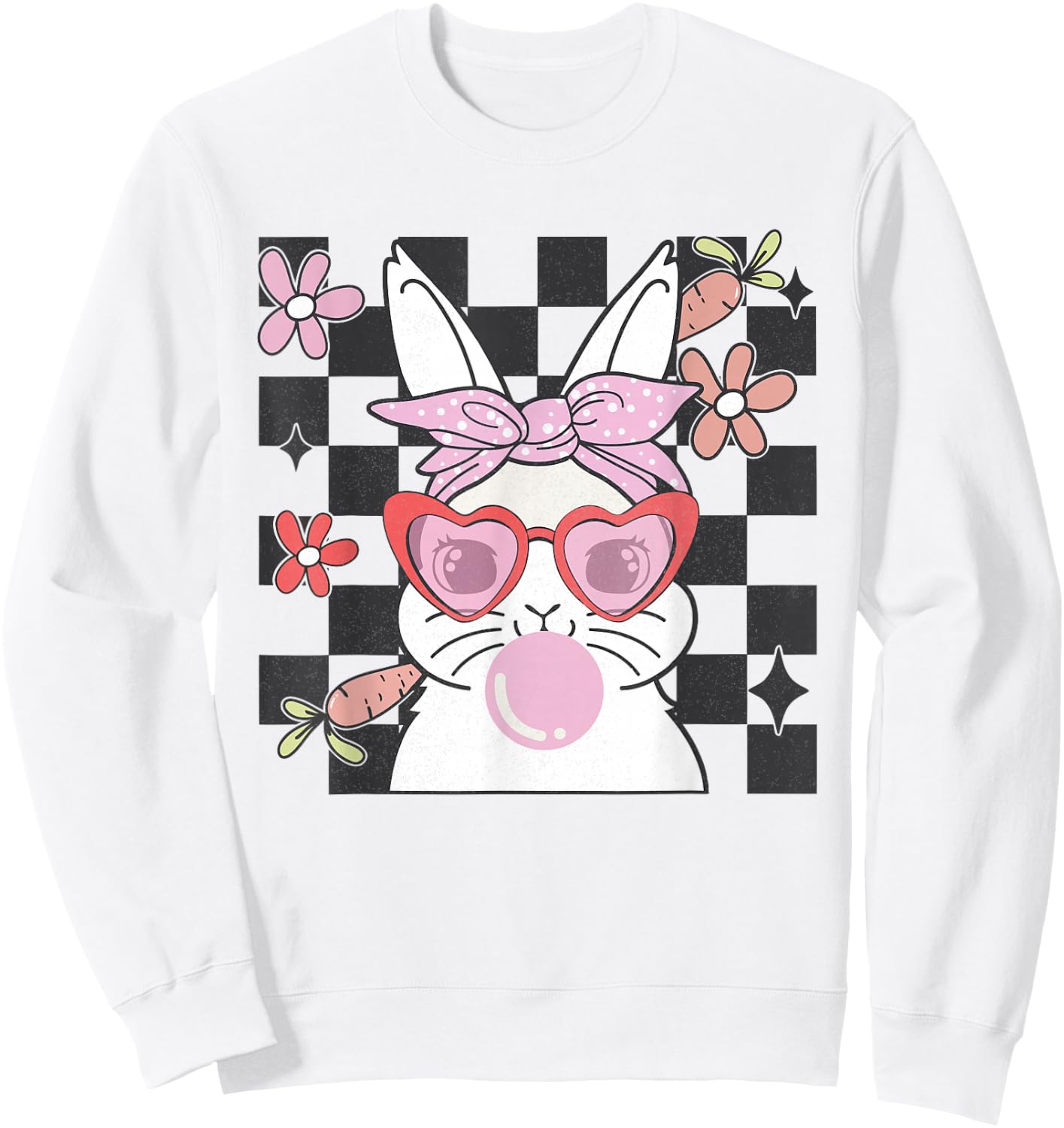 Retro Groovy Easter Bunny Bubblegum Checkered Girls Sweatshirt - Sweatshirt | White