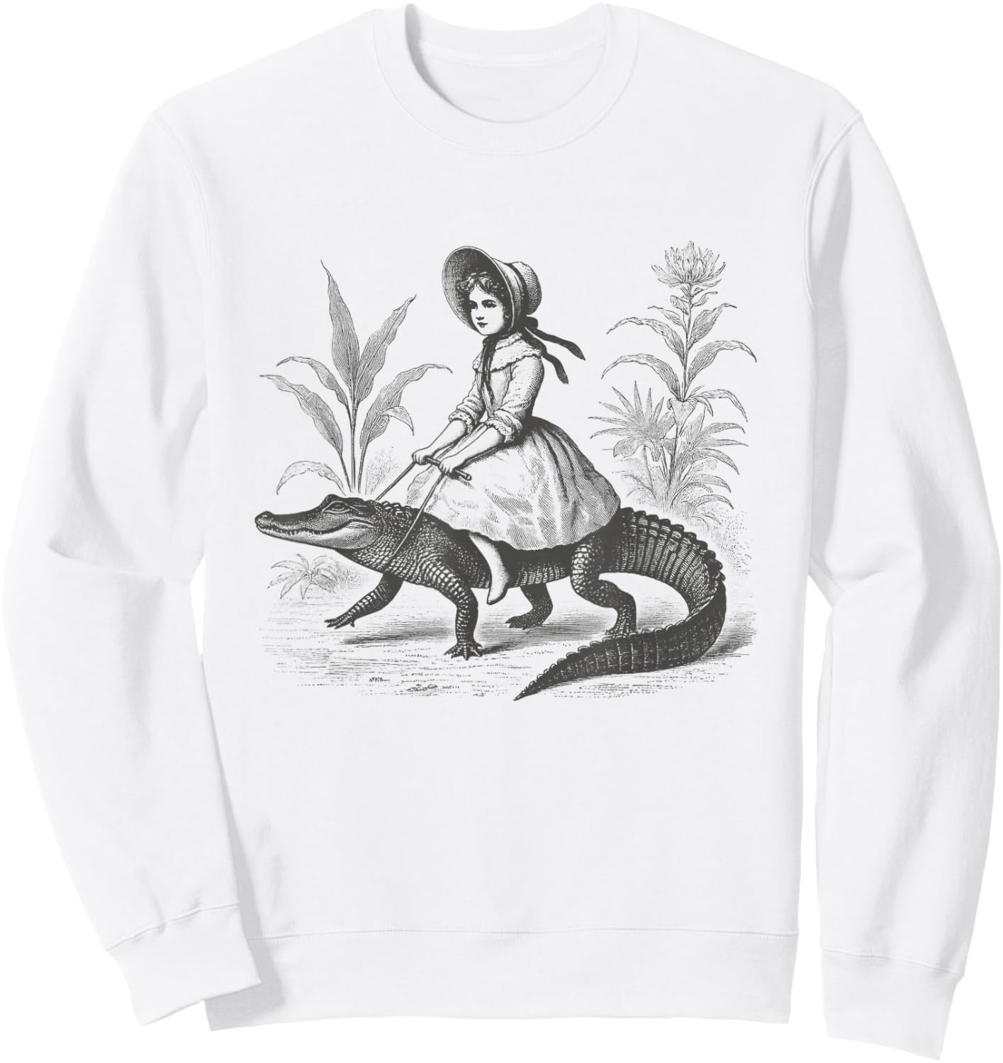 Girl Riding Alligator Vintage Weird Art Ladies Men Sweatshirt - Sweatshirt | White