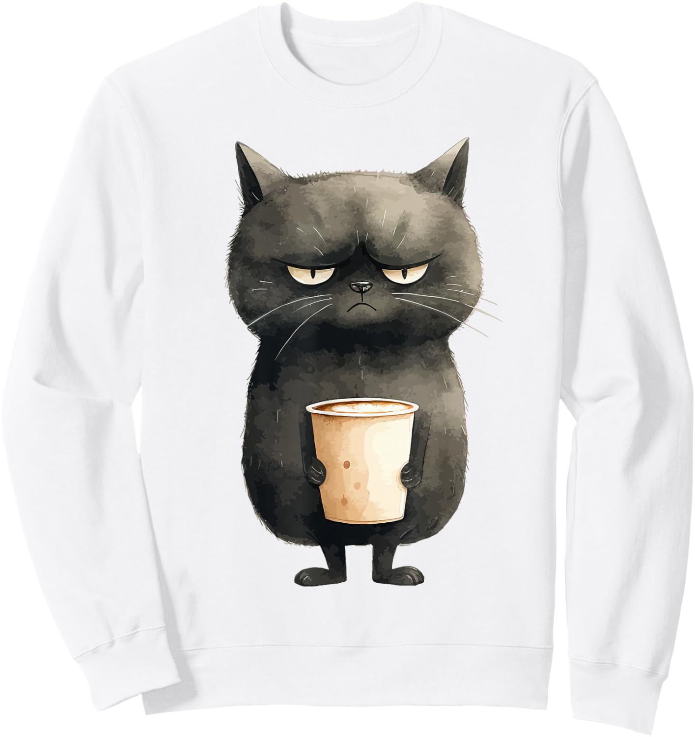 Grumpy Black Cat with Latte Coffee Sweatshirt - Sweatshirt | White