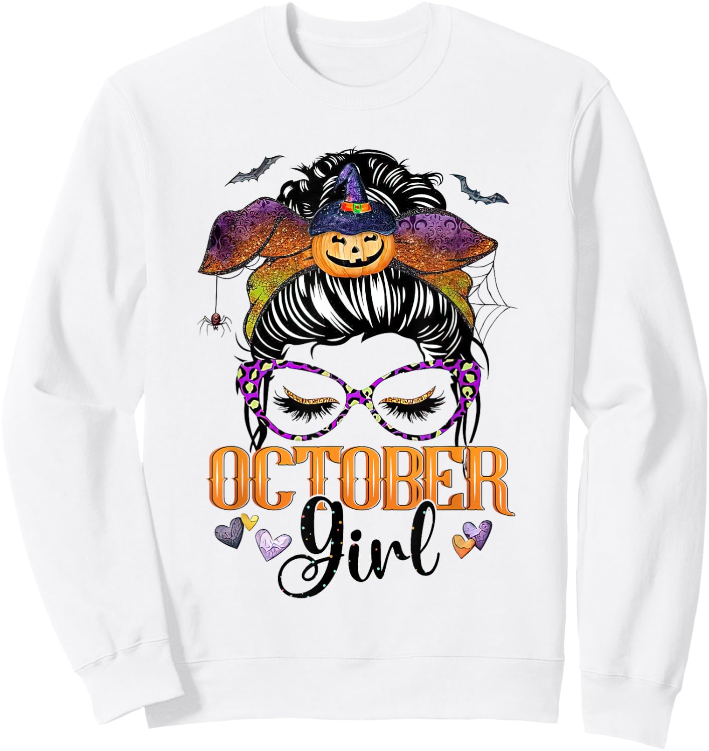 October Girl Halloween Messy Bun Lady Hair Glasses Bandana Sweatshirt - Sweatshirt | White