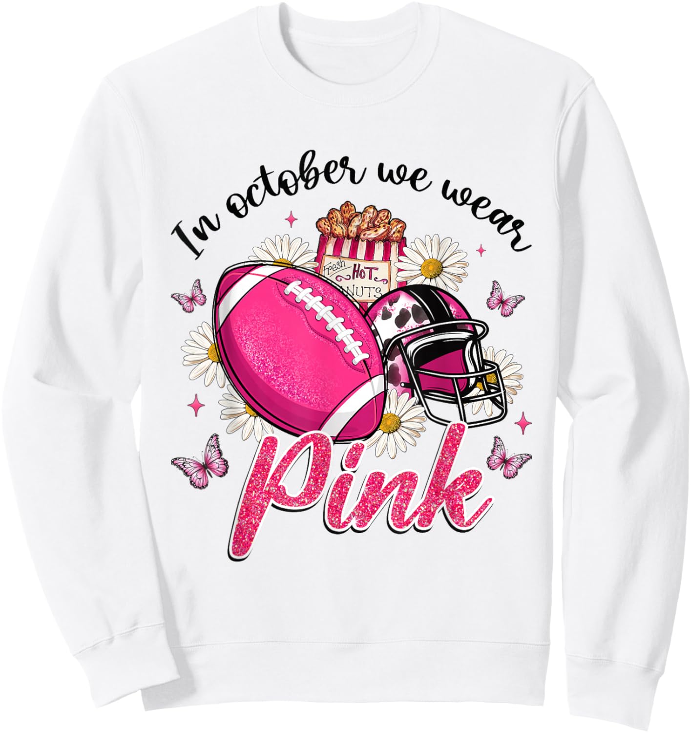 In October We Wear Pink Football Butterfly Breast Cancer Sweatshirt - Sweatshirt | White