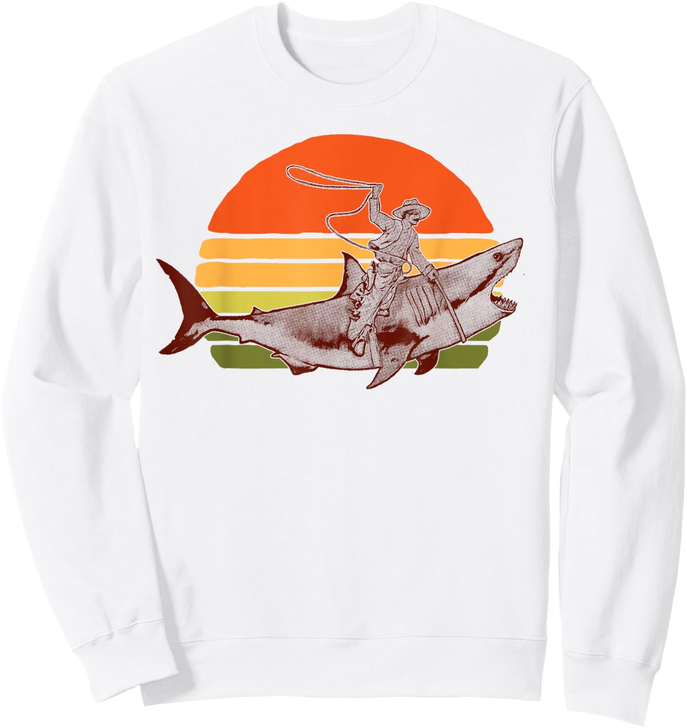 Shark Lover Rodeo Cowboy Riding Great White Vintage Funny Sweatshirt - Sweatshirt | White
