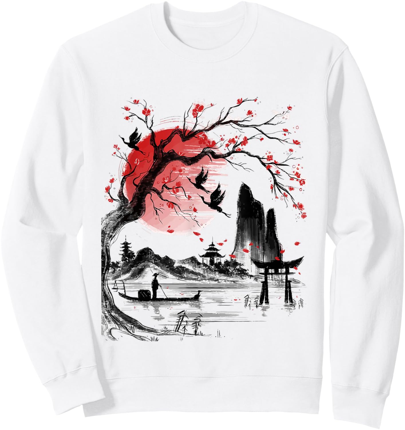 Japanese Tree Red Moon With Birds Flying in background Sweatshirt - Sweatshirt | White