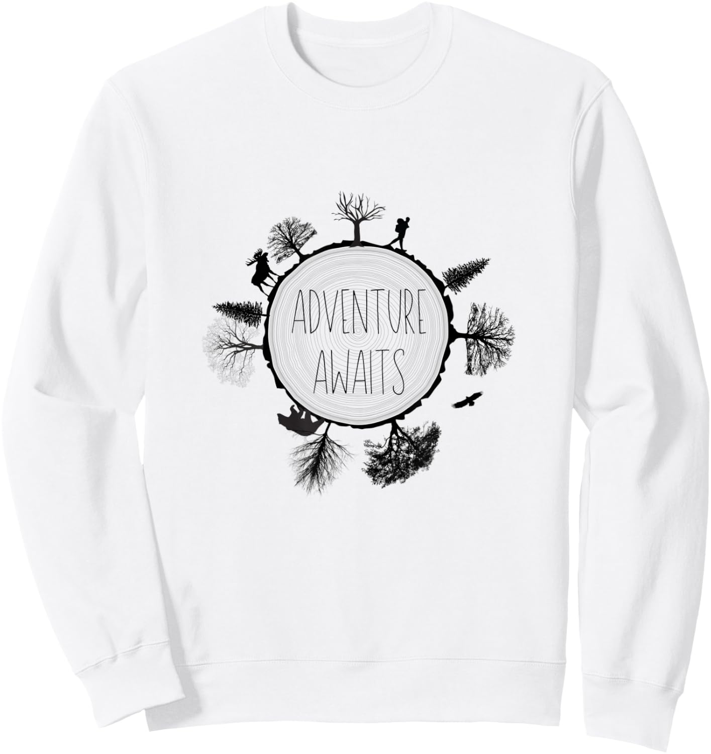 Tree Rings Hiker Moose Bear Eagle Black Adventure Awaits Sweatshirt - Sweatshirt | White