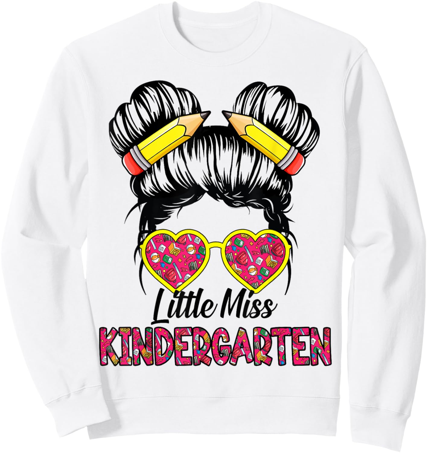 Little Miss Kindergarten Back To School Messy Bun Kids Girls Sweatshirt - Sweatshirt | White