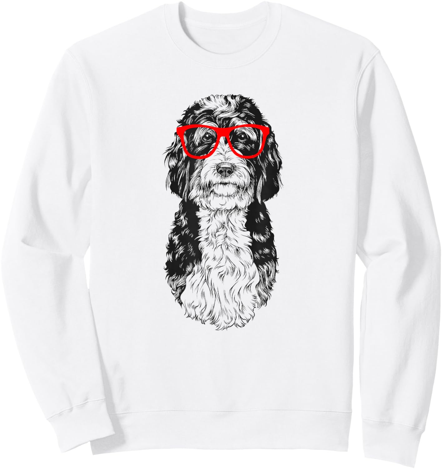 Bernedoodle in Red Glasses Nerd Doodle Dog Sweatshirt - Sweatshirt | White