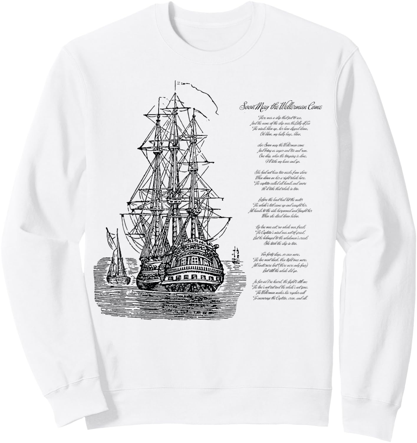 Wellerman Song with Vintage Ship, Sea Shanty Design Sweatshirt - Sweatshirt | White