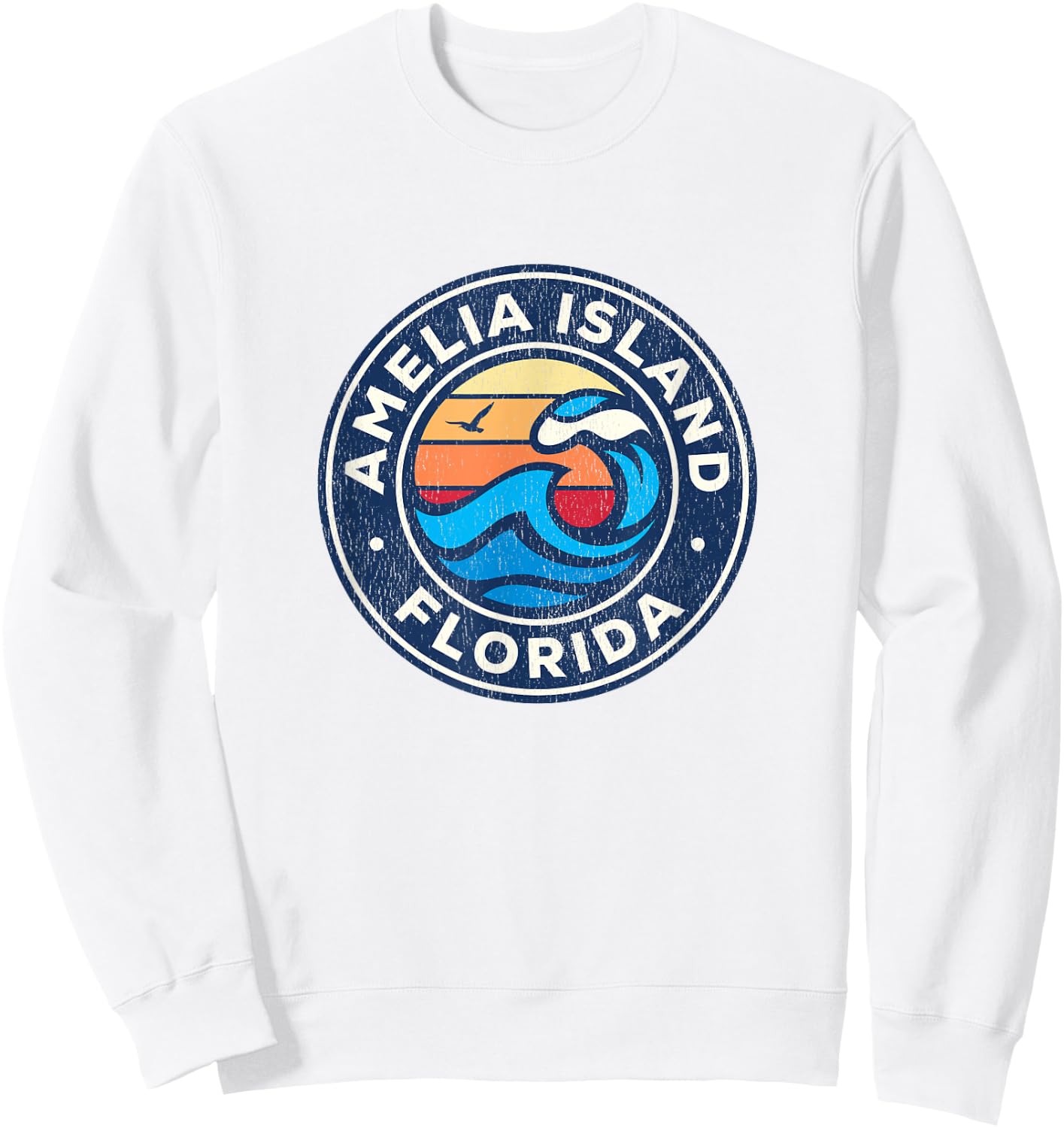 Amelia Island Florida FL Vintage Nautical Waves Design Sweatshirt - Sweatshirt | White