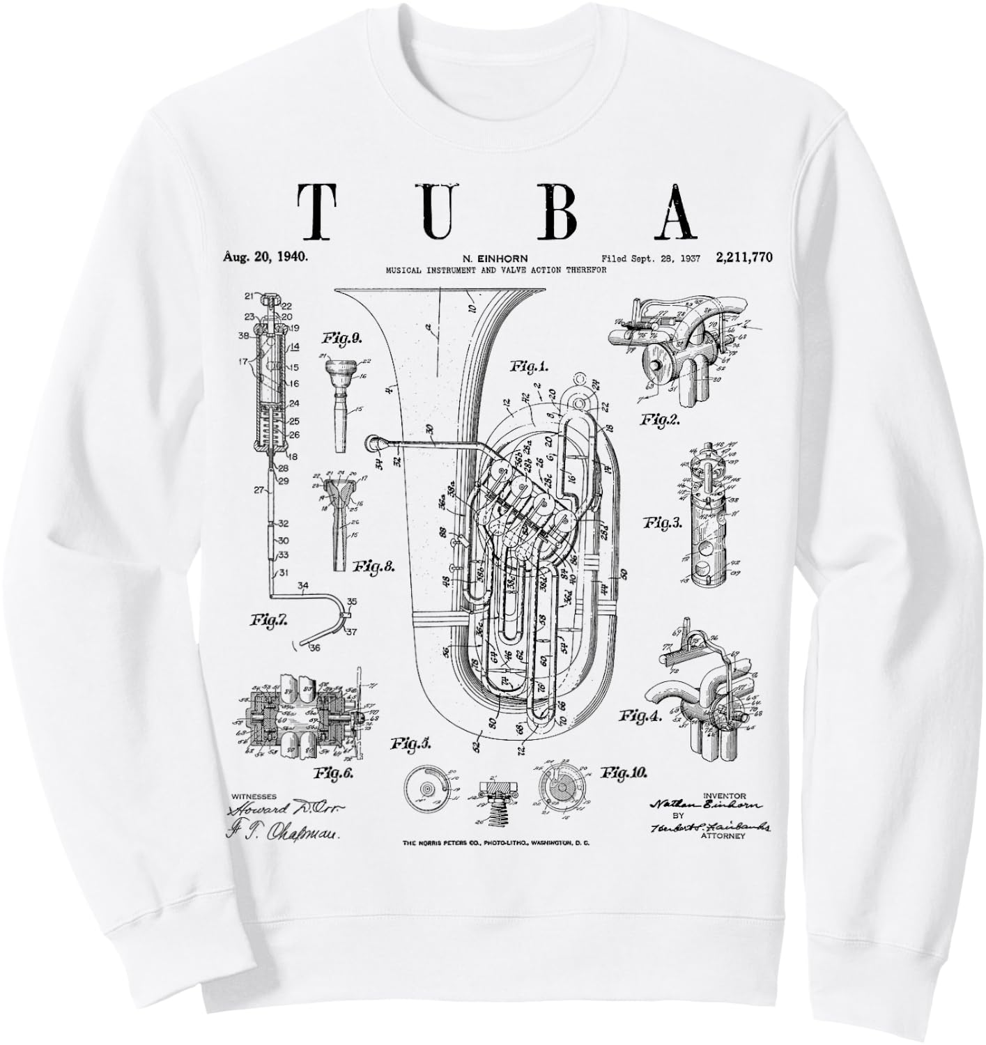 Tuba Vintage Patent Tubaist Tubist Drawing Print Sweatshirt - Sweatshirt | White