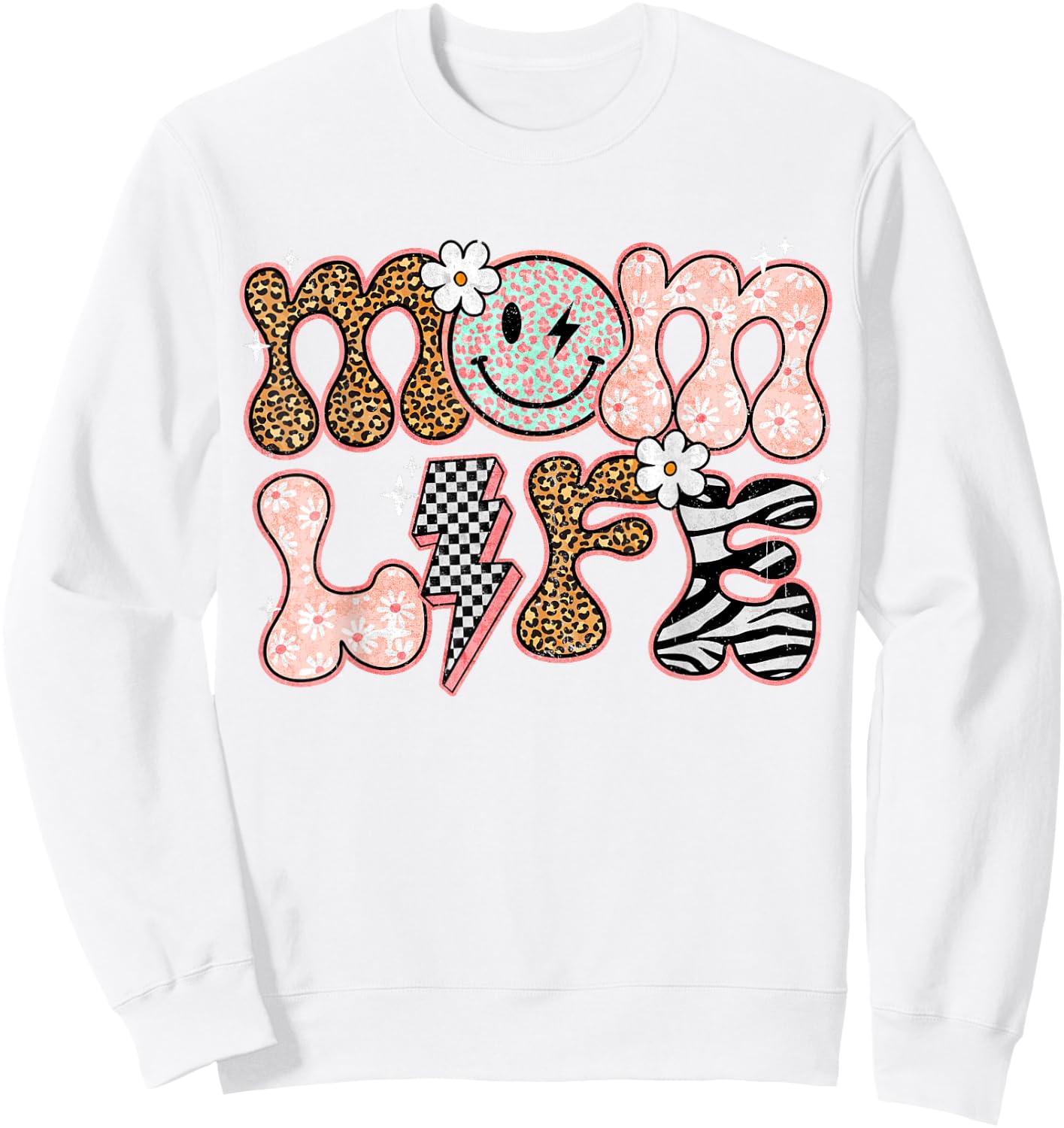 Mom Life Floral Groovy Smile Leopard Retro Mum Mum Mother Sweatshirt - Sweatshirt | White