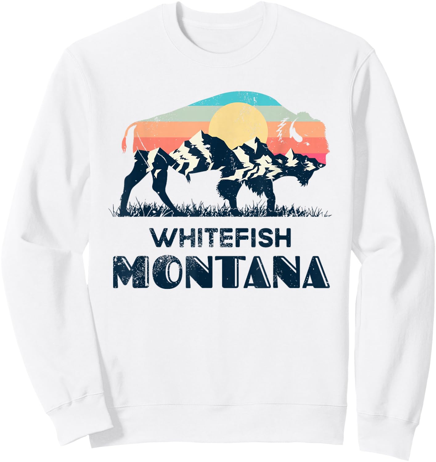 Whitefish Montana Vintage Hiking Bison Nature Sweatshirt - Sweatshirt | White