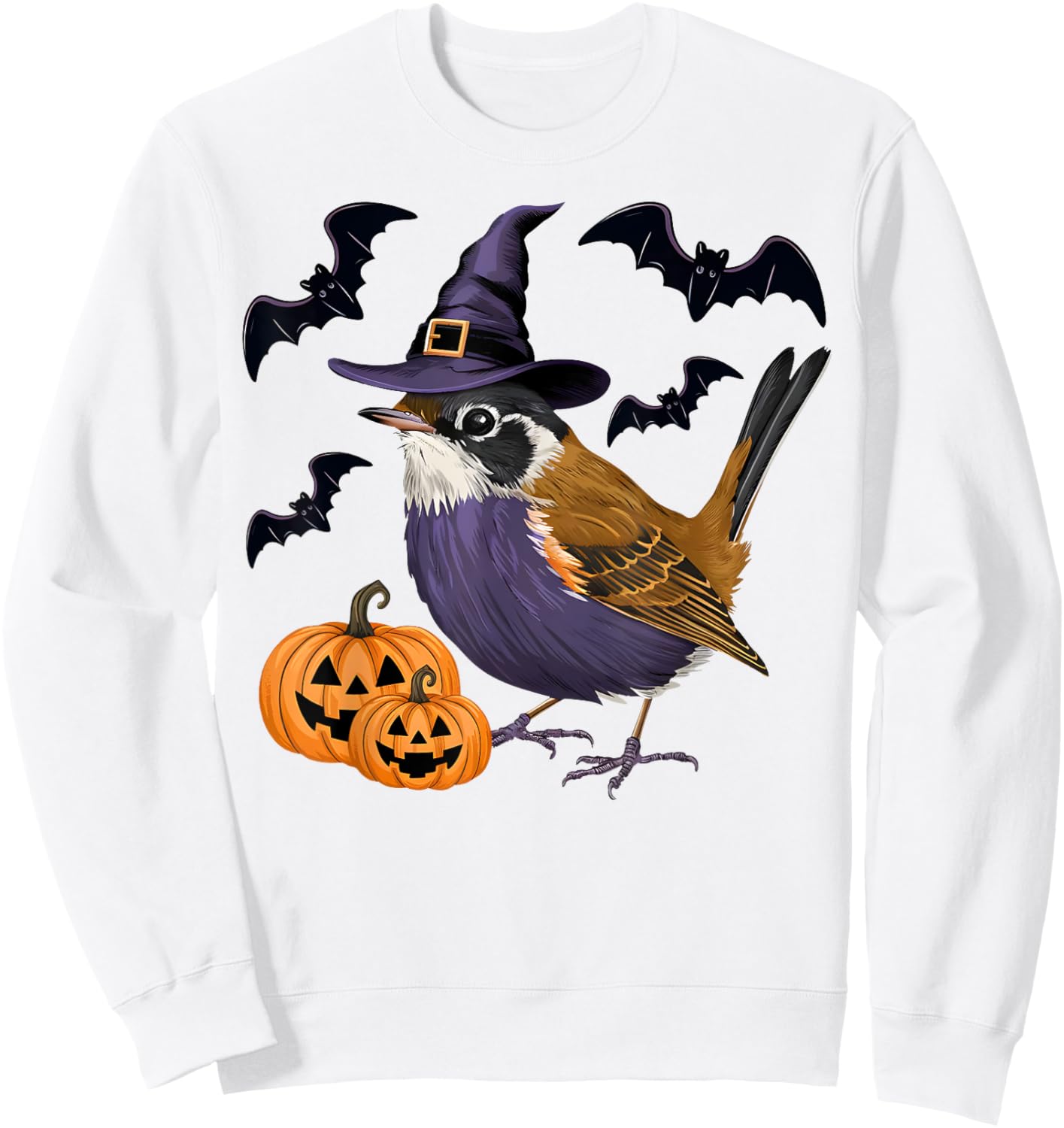 Funny Wren Bird Halloween Costume Scary Pumpkin Bat Witch Sweatshirt - Sweatshirt | White