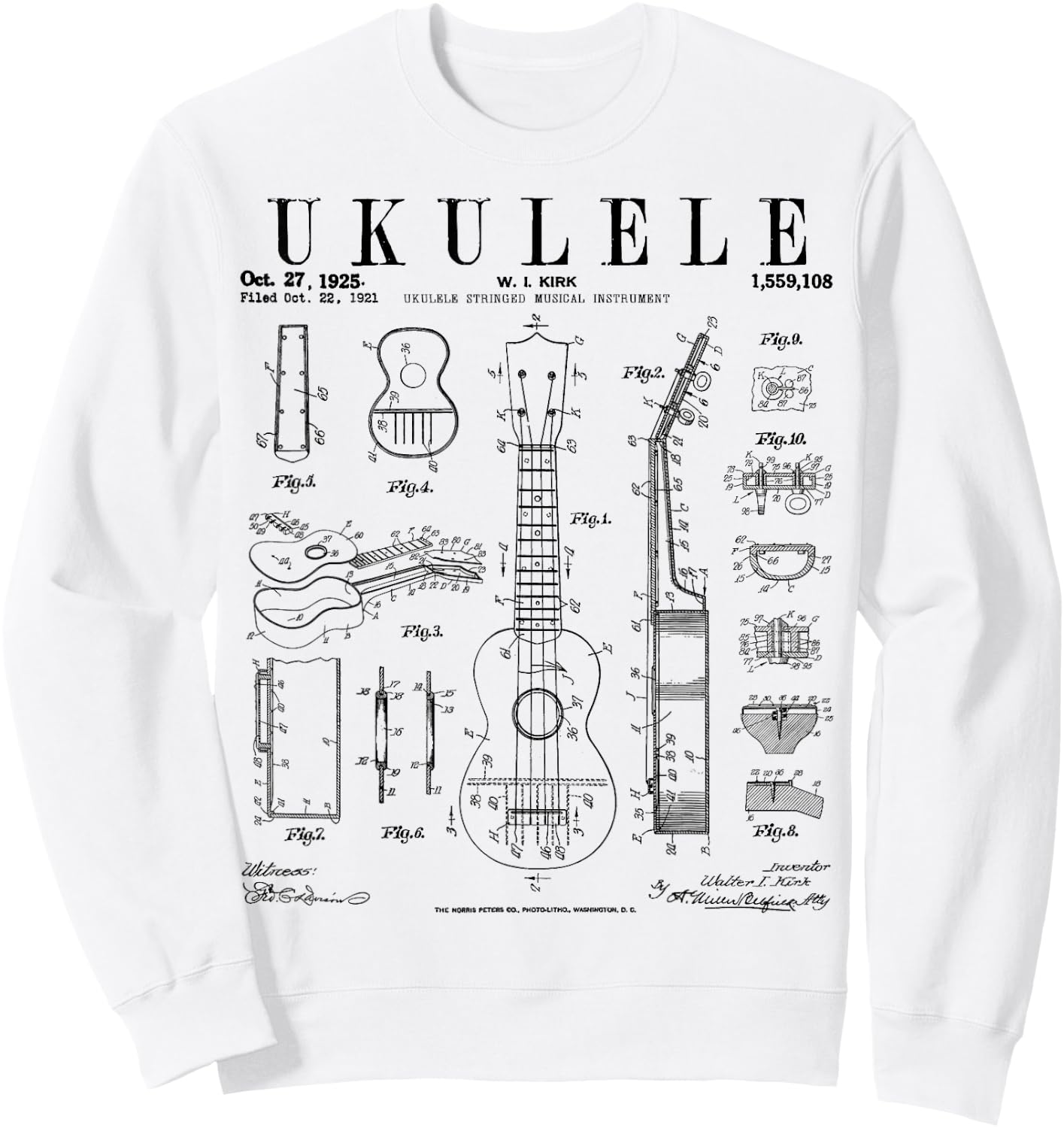 Ukulele Musical Instrument Uke Vintage Patent Drawing Print Sweatshirt - Sweatshirt | White