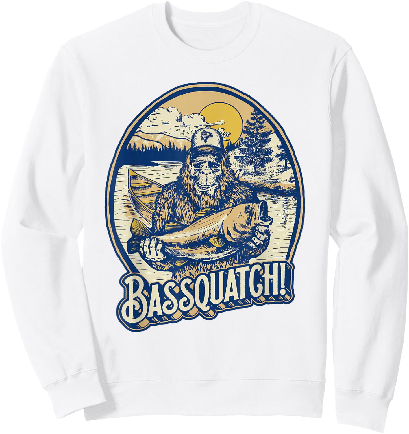 Giant Step Design Co. Bassquatch! Bass Fisherman Sasquatch Funny Bigfoot Fishing Sweatshirt - Sweatshirt | White