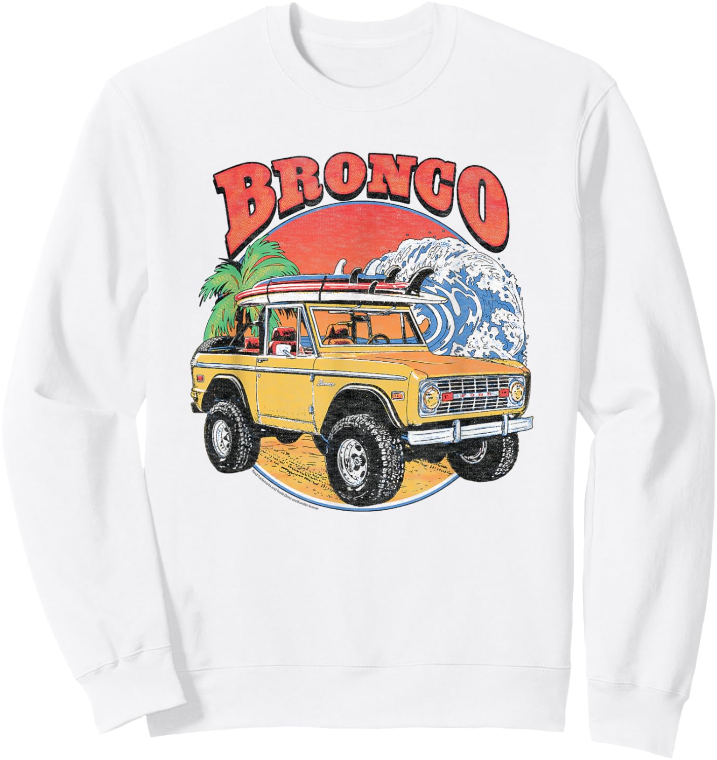 Ford - Yellow Bronco SUV Beach Surfboards And Ocean Wave Sweatshirt - Sweatshirt | White