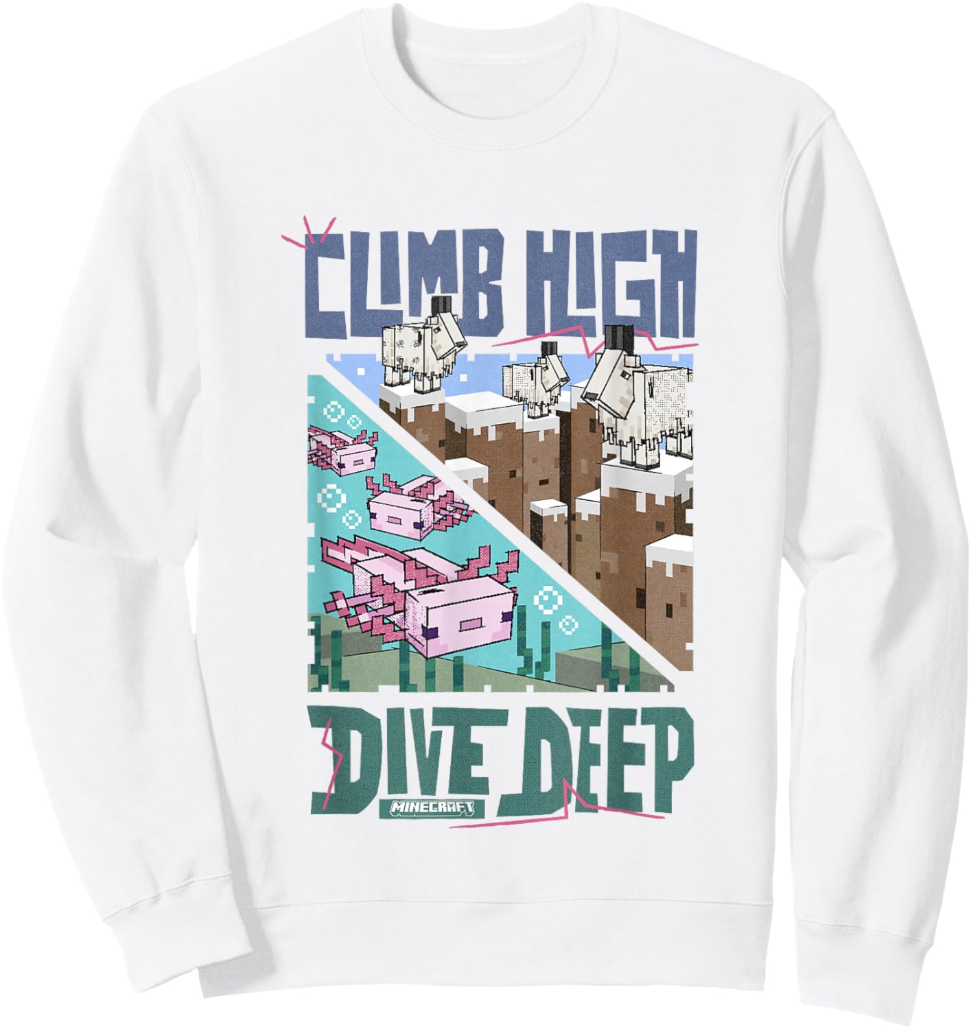 Minecraft Climb High Dive Deep Goats & Axolotls Panels Sweatshirt - Sweatshirt | White