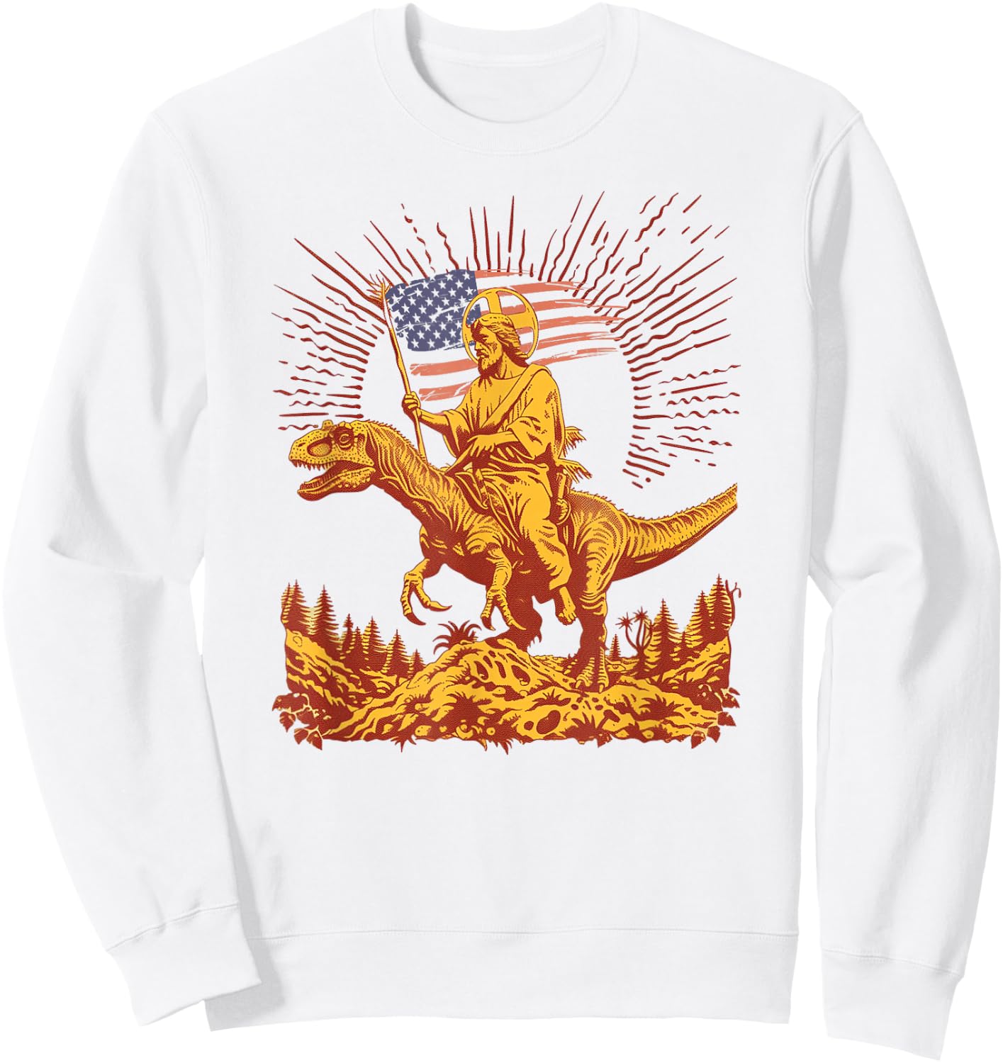 Jesus Riding Raptor Dinosaur USA Flag Funny Weird Patriotic Sweatshirt - Sweatshirt | White