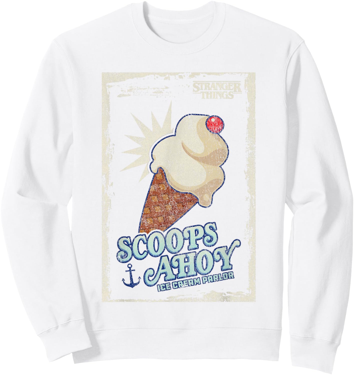 Stranger Things Scoops Ahoy Ice Cream Cone Vintage Poster Sweatshirt - Sweatshirt | White