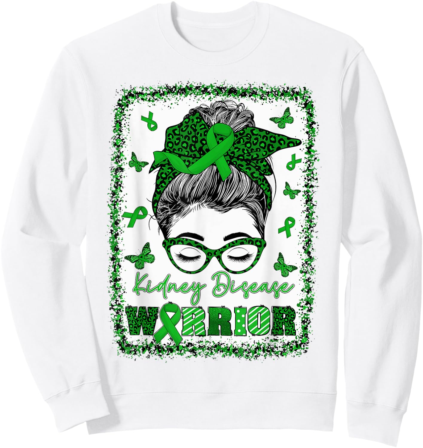 Messy Bun Bandana Woman Green Ribbon Kidney Disease Warrior Sweatshirt - Sweatshirt | White