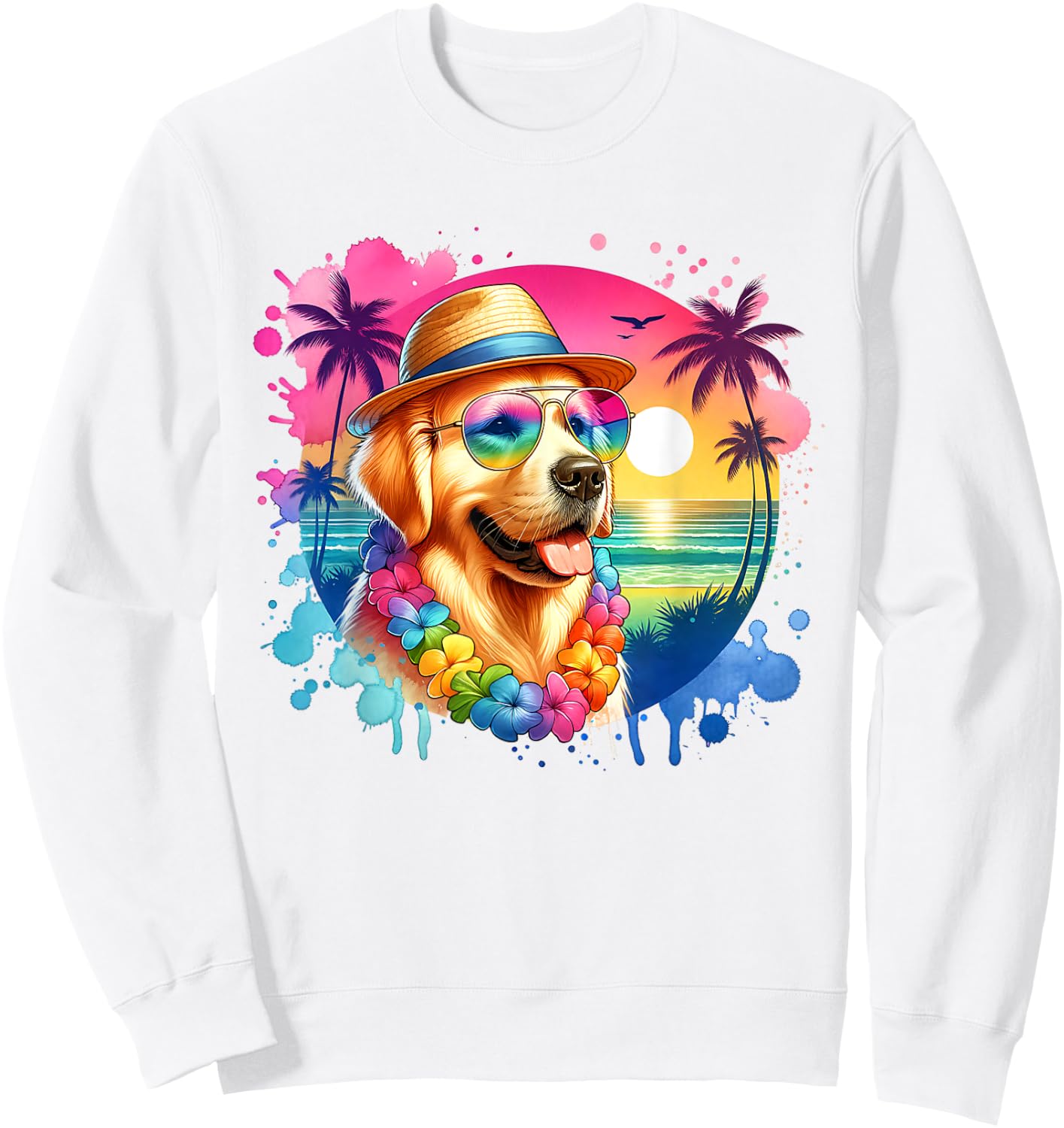 Hawaiian Golden Retriever Dog Watercolor Tropical Summer Men Women Girls Kids Sweatshirt - Sweatshirt | White