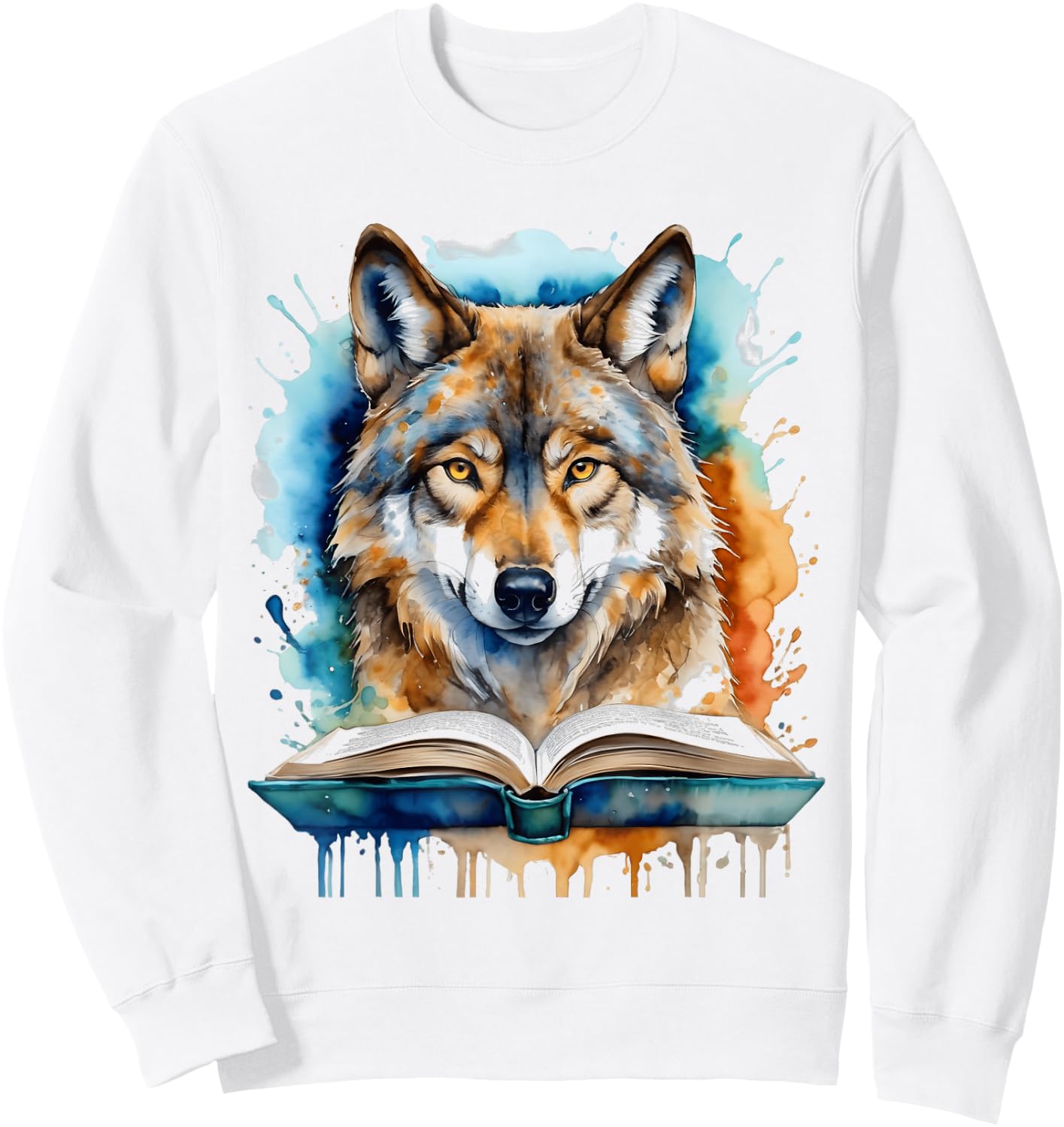 Wolf Reading Book Colorful Animal Art Print Graphic Sweatshirt - Sweatshirt | White