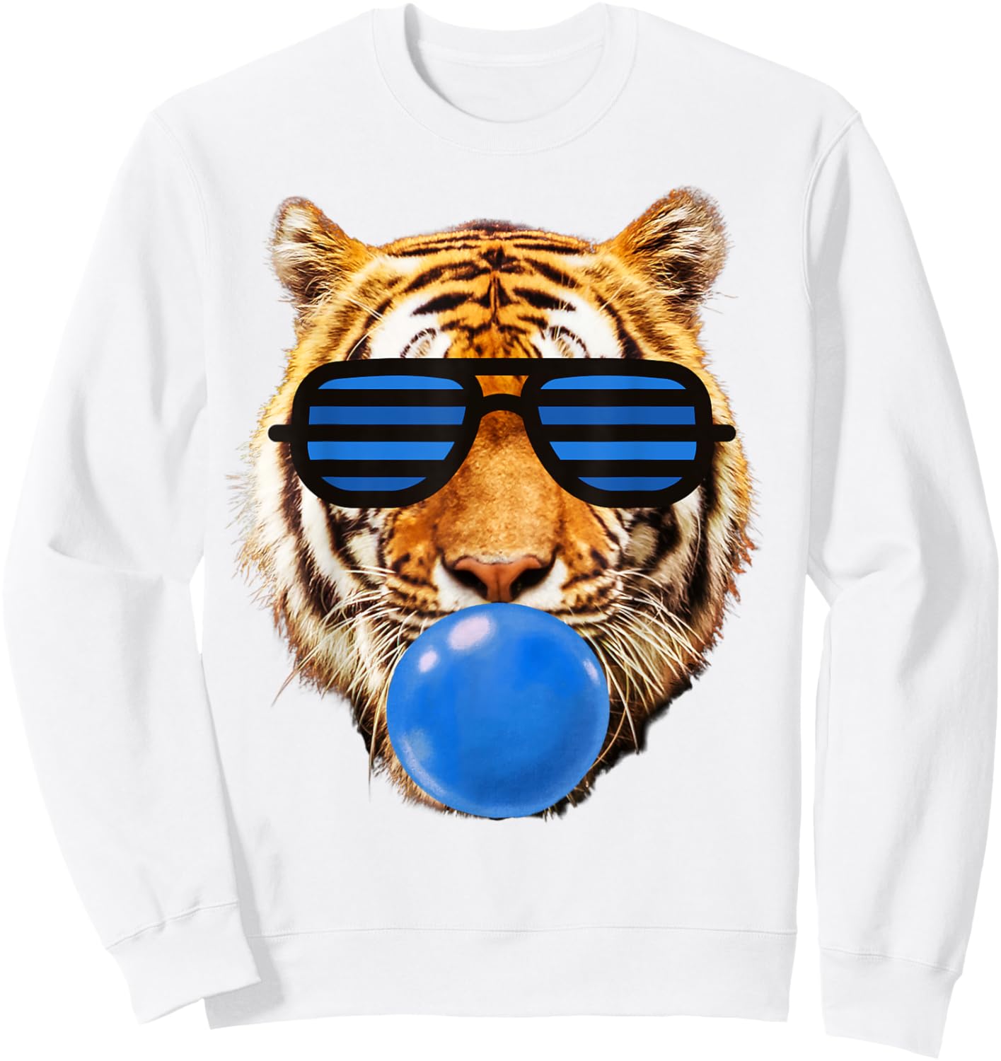 Blue Bubble Gum Tiger Face Stripe Sunglasses Tiger Head Sweatshirt - Sweatshirt | White