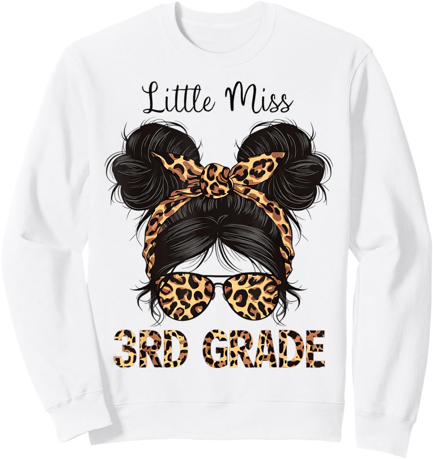Hello 3rd Grade Messy Hair Bun Girl Leopard Back To School Sweatshirt - Sweatshirt | White