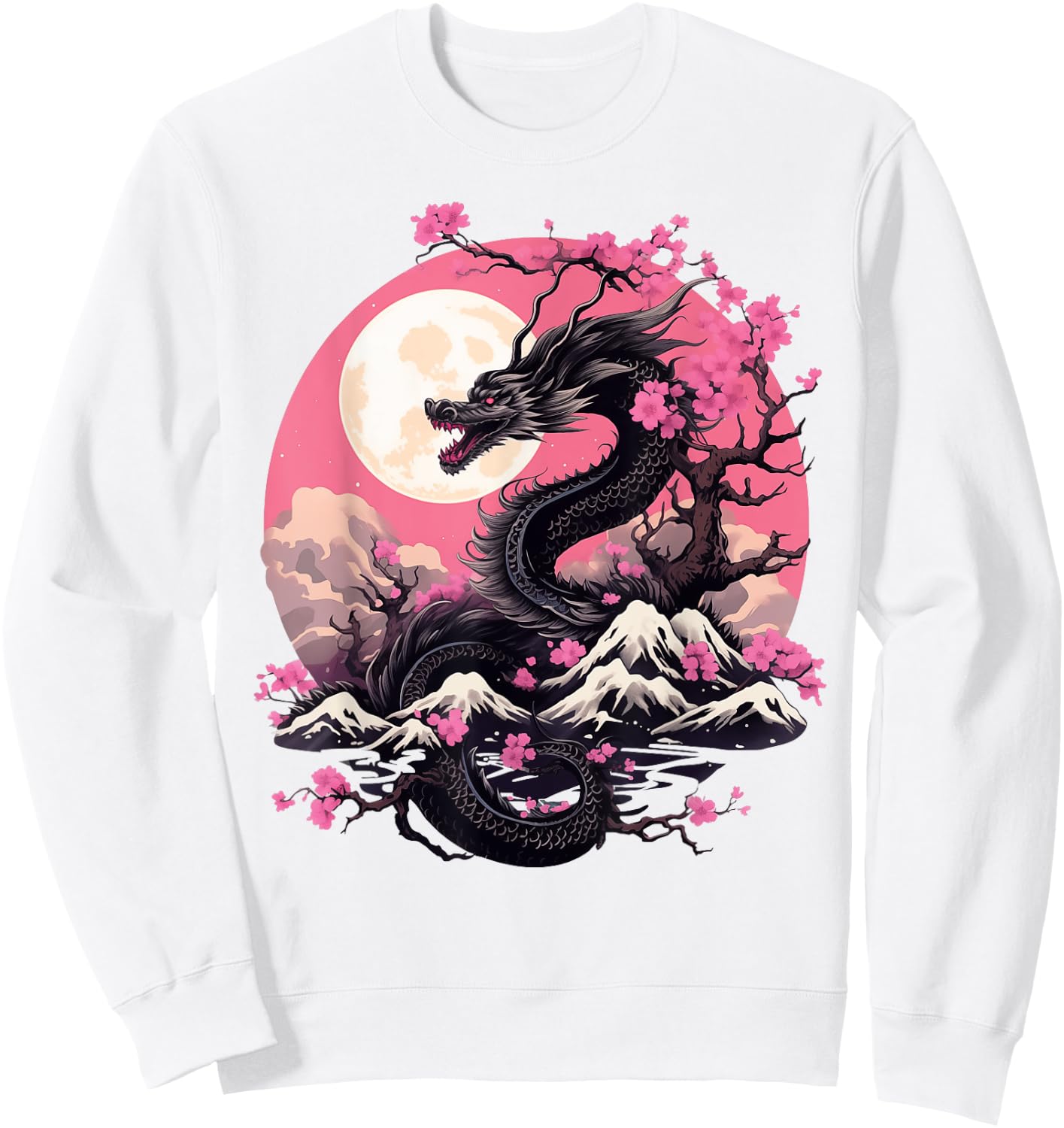 Japanese Dragon & Cherry Blossom Men & Women Full Moon Asian Sweatshirt - Sweatshirt | White