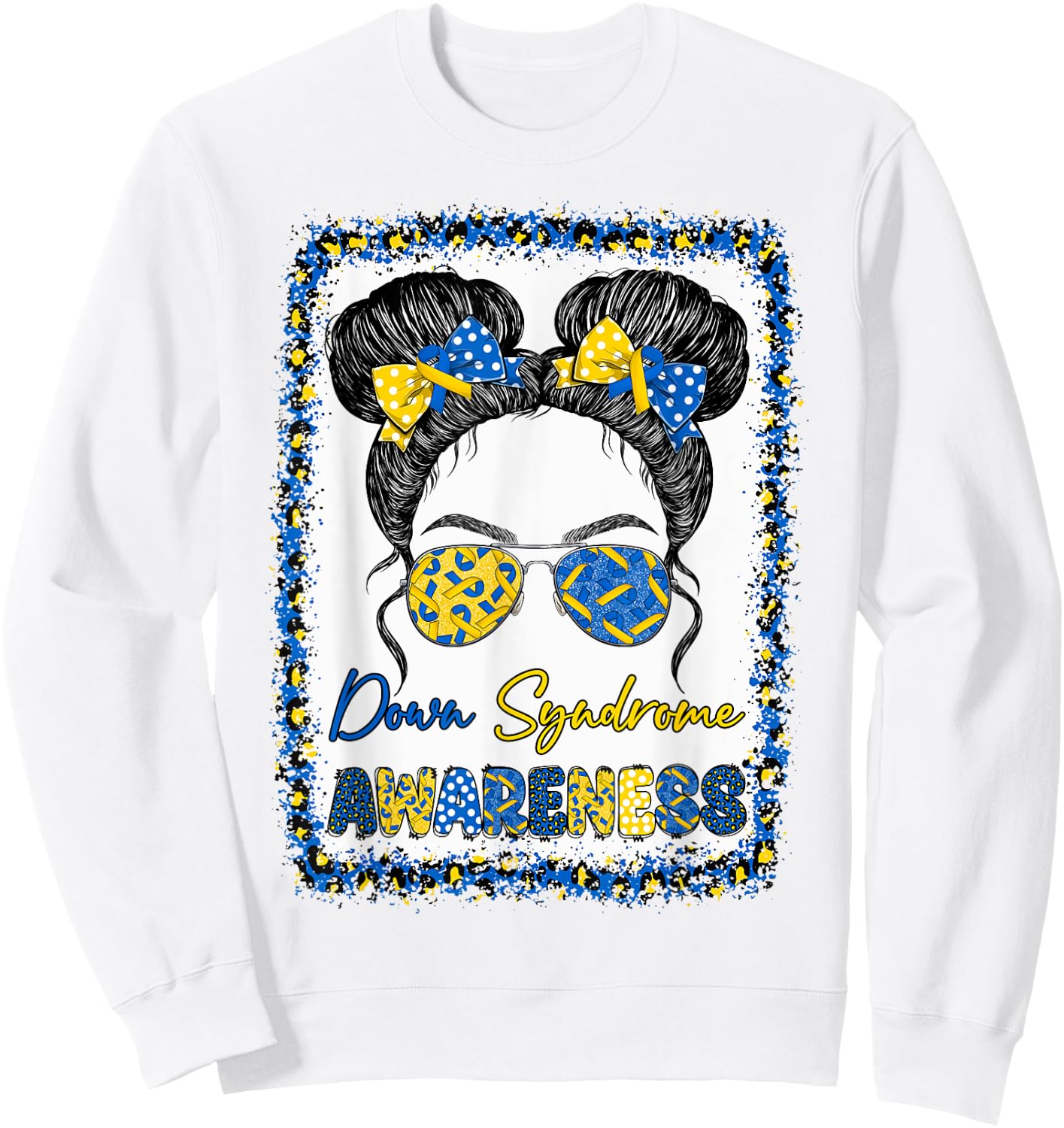 Messy Bun Girl Yellow Blue Bow Ties Sunglasses Down Syndrome Sweatshirt - Sweatshirt | White