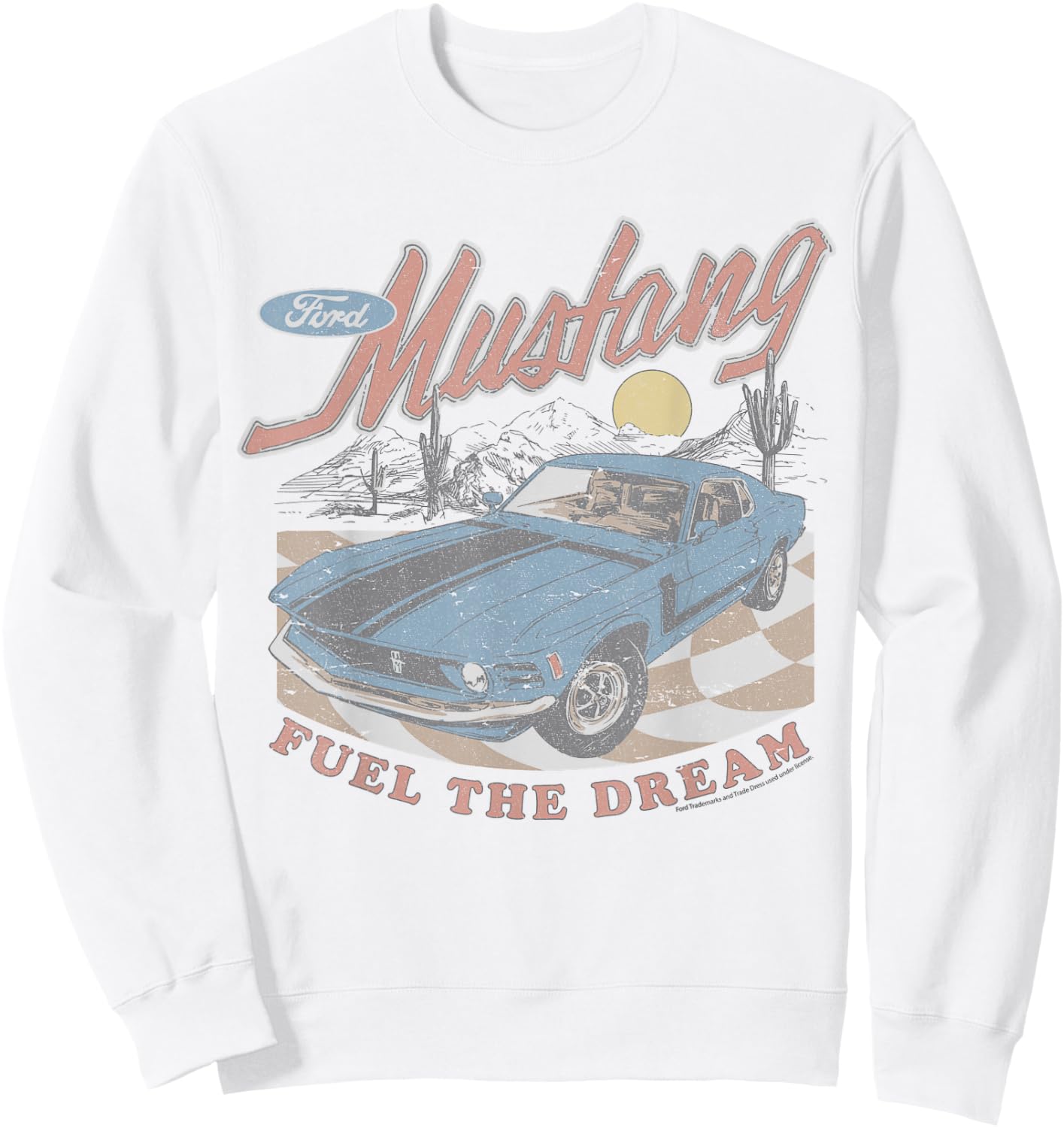 Ford - Mustang Fuel The Dream Blue Car In Desert Landscape Sweatshirt - Sweatshirt | White