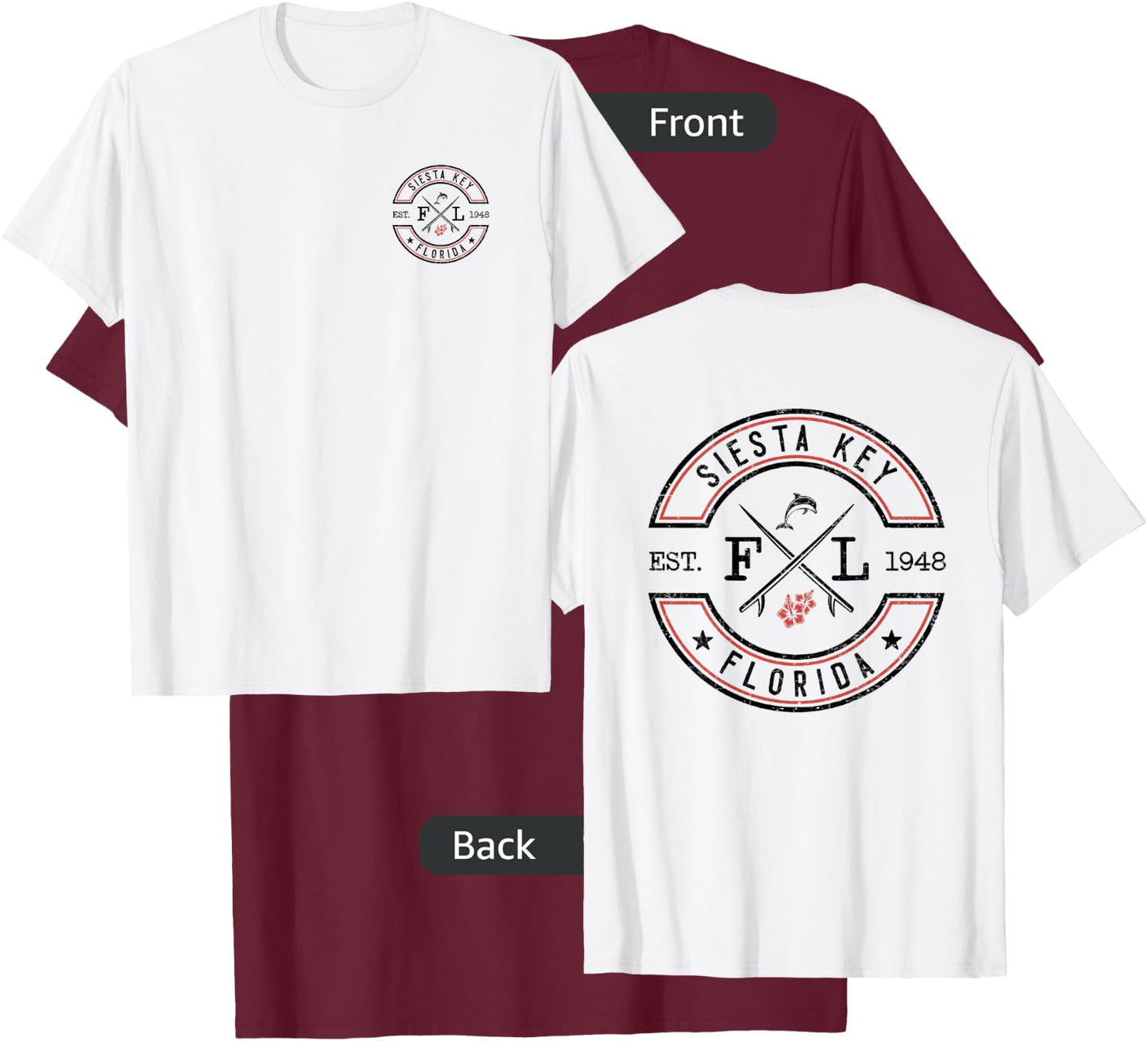 Siesta Key Florida FL Retro Surfer Front & Back T-Shirt - T-Shirt | Maroon