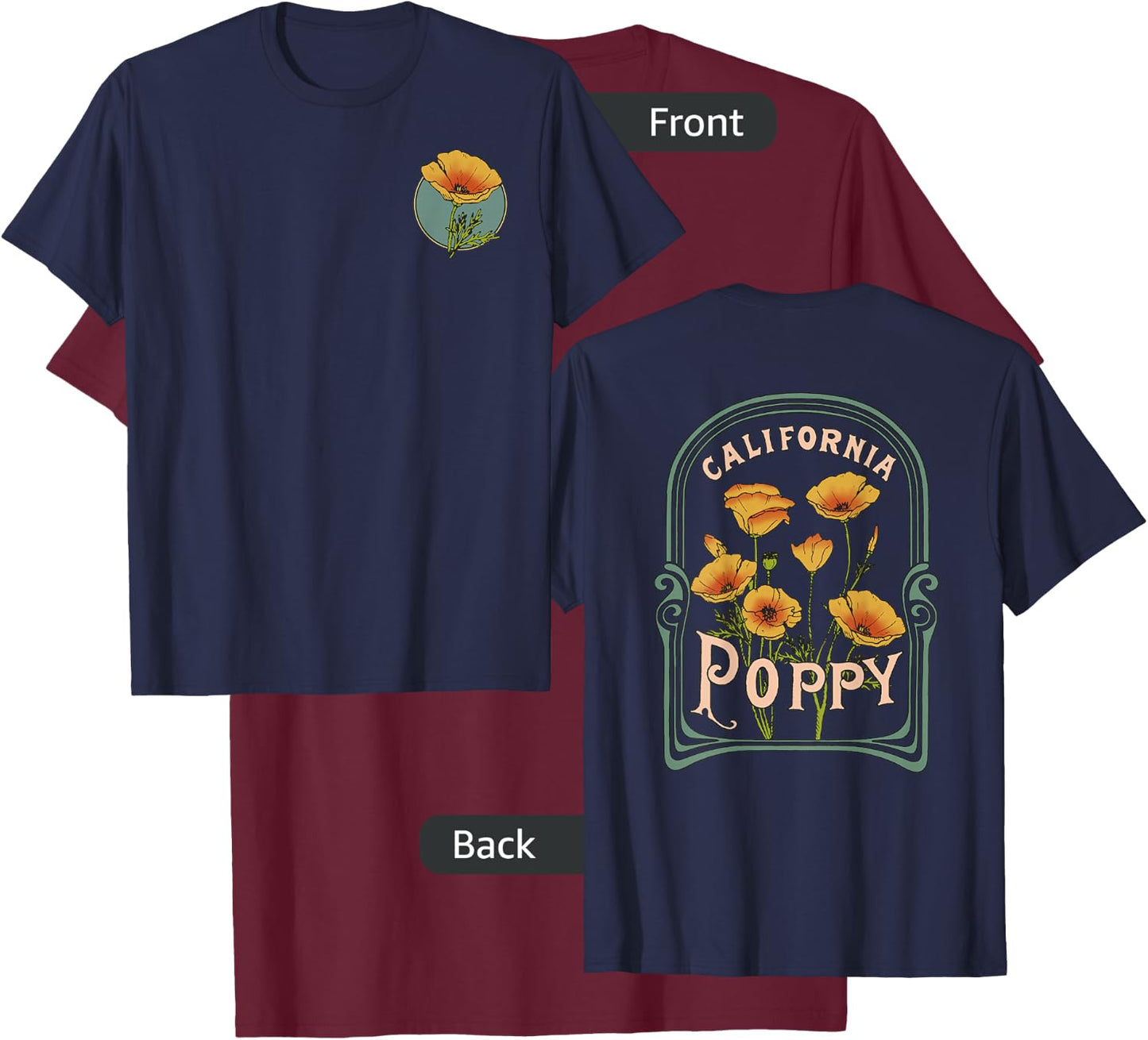 California Poppy Creative Outline and Picture Front & Back T-Shirt - T-Shirt | Maroon