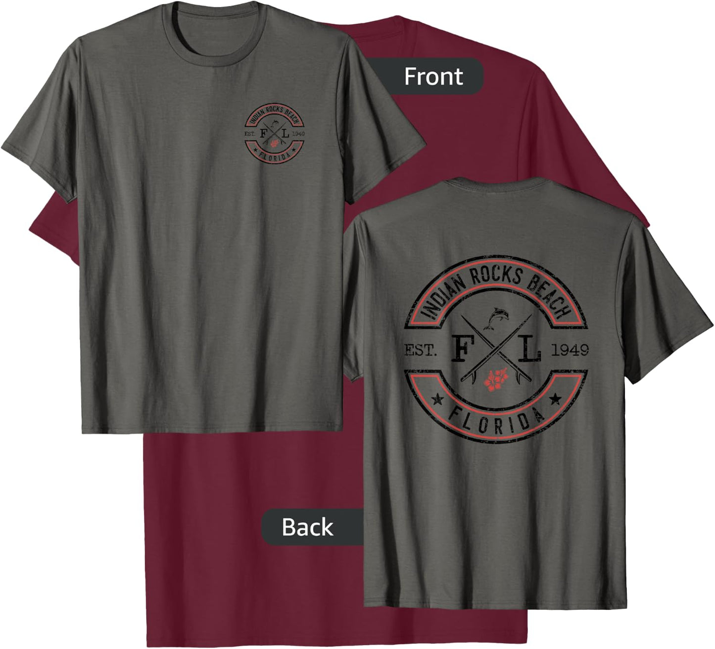 Indian Rocks Beach Florida FL Retro Surfer Front & Back Men Women Girls Kids T-Shirt - T-Shirt | Maroon